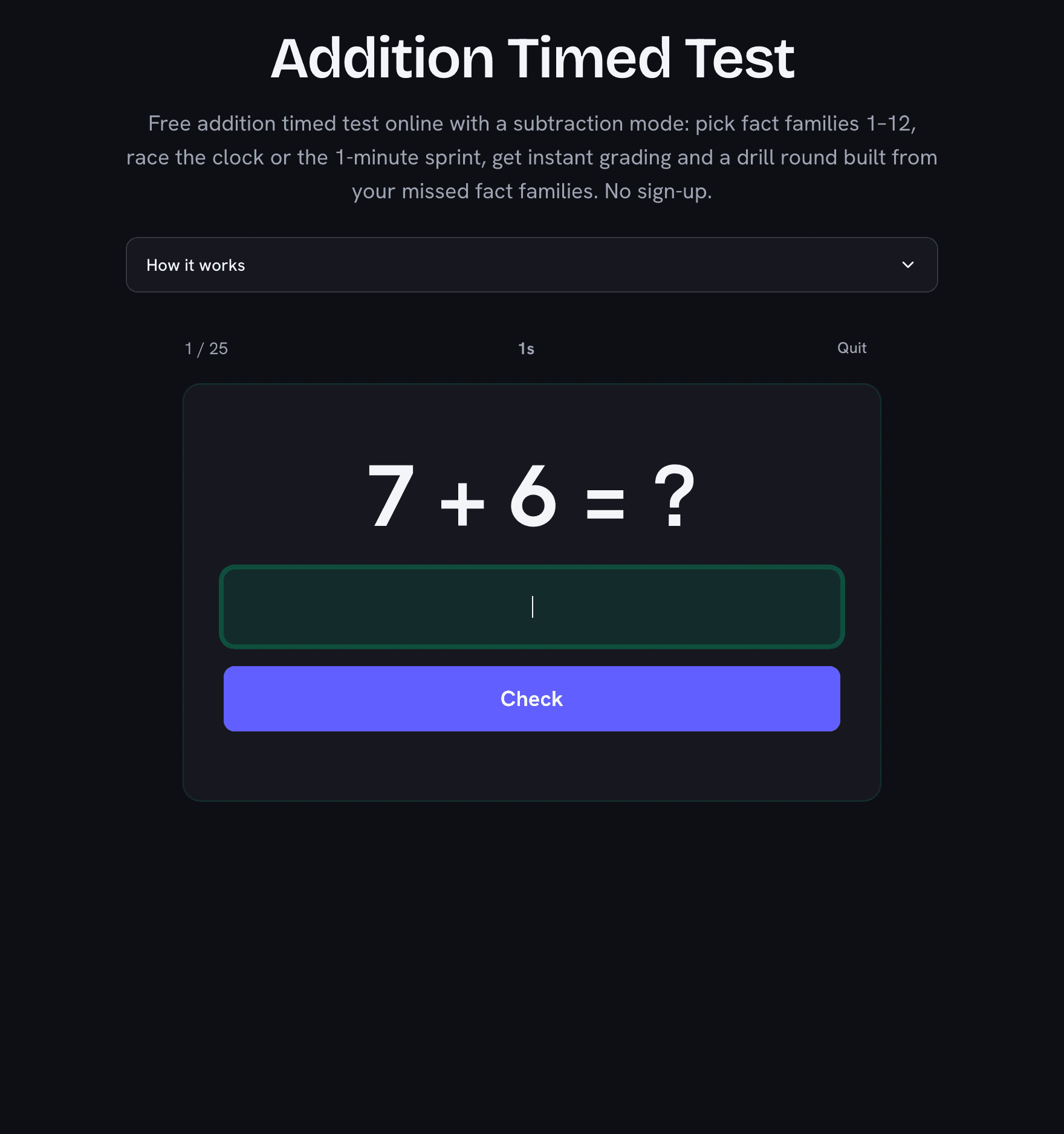 Addition timed test mid-quiz: the problem 1 + 6 in large type with the answer box and Check button