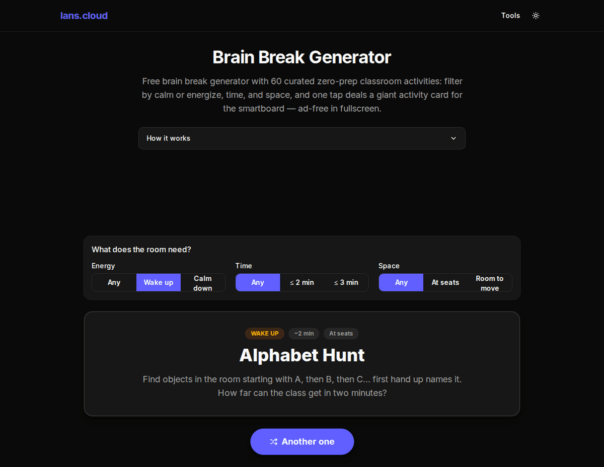 Brain break generator showing a dealt activity card with energy, time and space filter chips above it