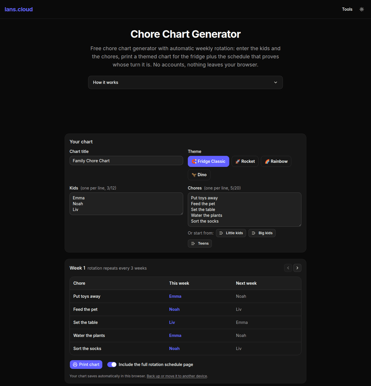 Chore chart generator showing three kids, five chores, the weekly rotation preview and theme picker