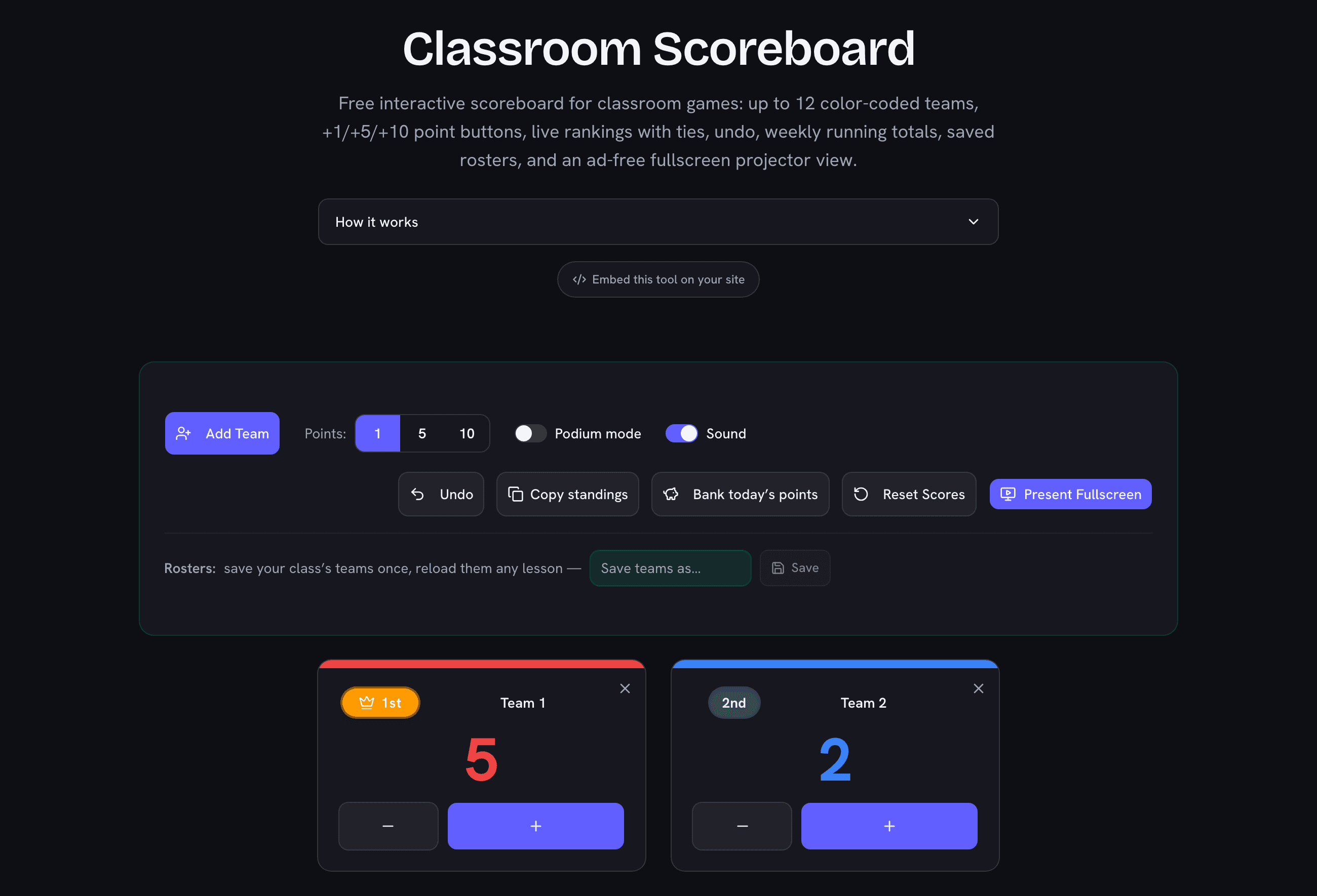 Classroom scoreboard with color-coded team cards, rank chips, and plus and minus scoring buttons