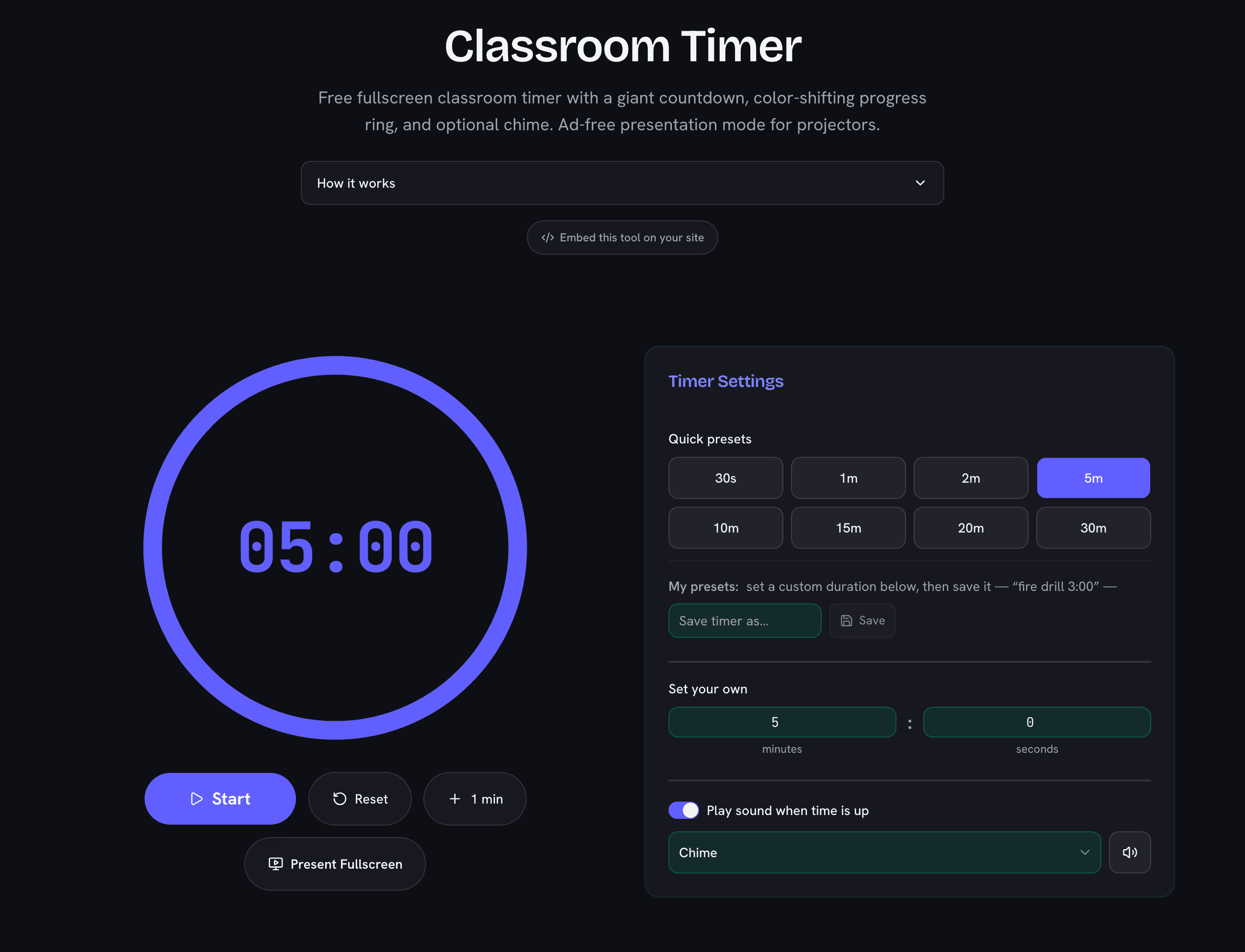 Classroom timer showing a five-minute countdown in a progress ring with presets and sound options