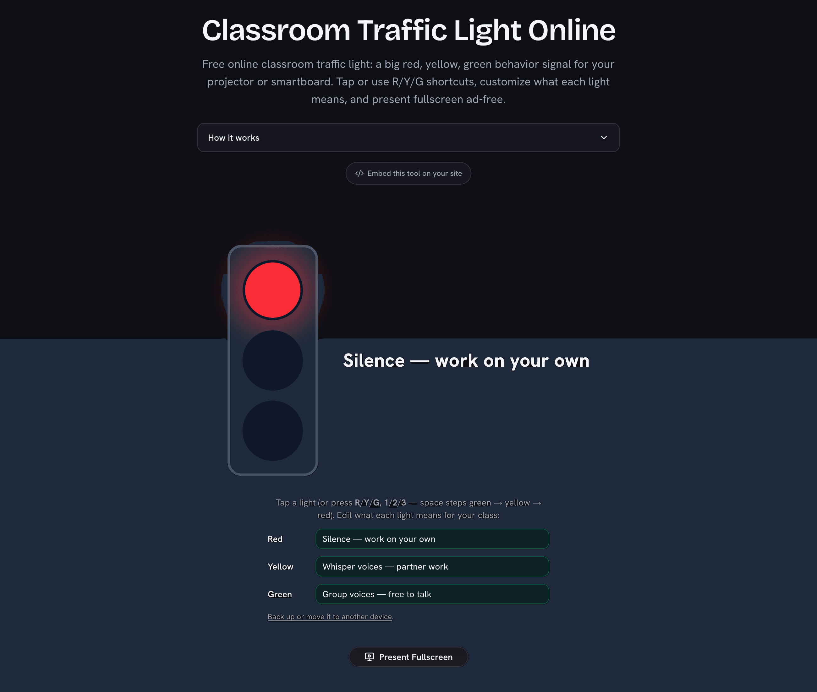 Online classroom traffic light showing the red light on with the meaning 'Silence — work on your own' in large text