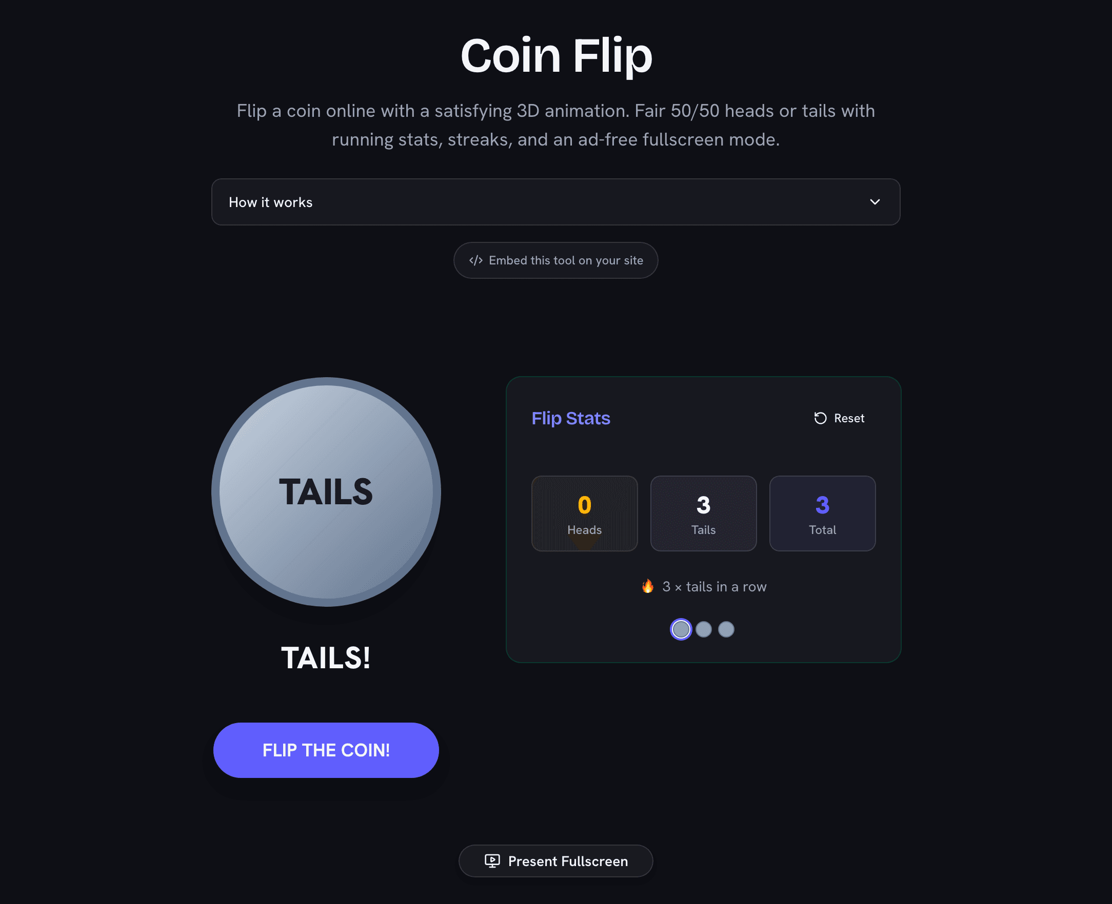 Online coin flip showing tails with running heads, tails, and total statistics and a streak