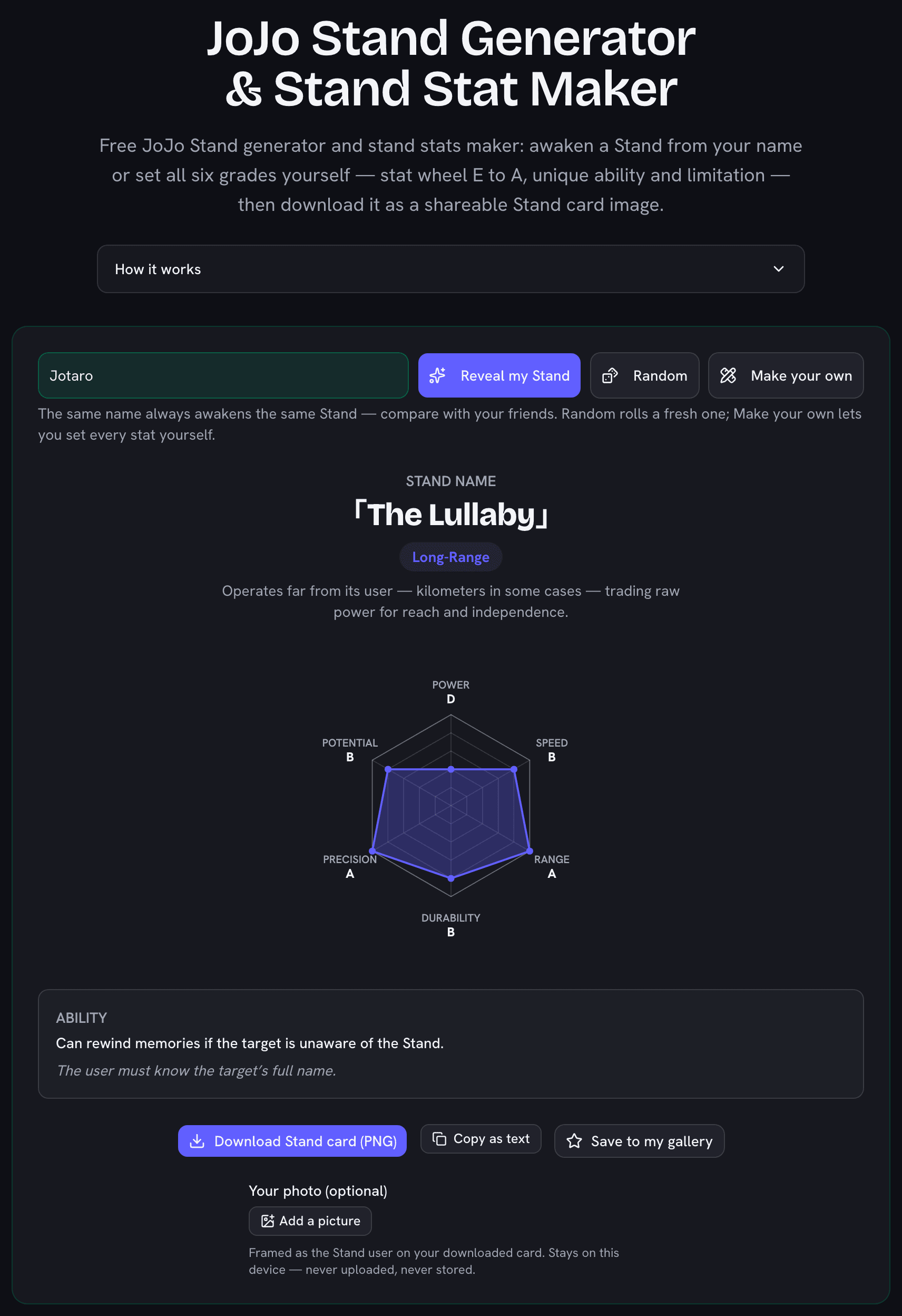 JoJo Stand generator showing the Stand The Lullaby, a Long-Range type, with its six-stat hexagon wheel and a generated ability