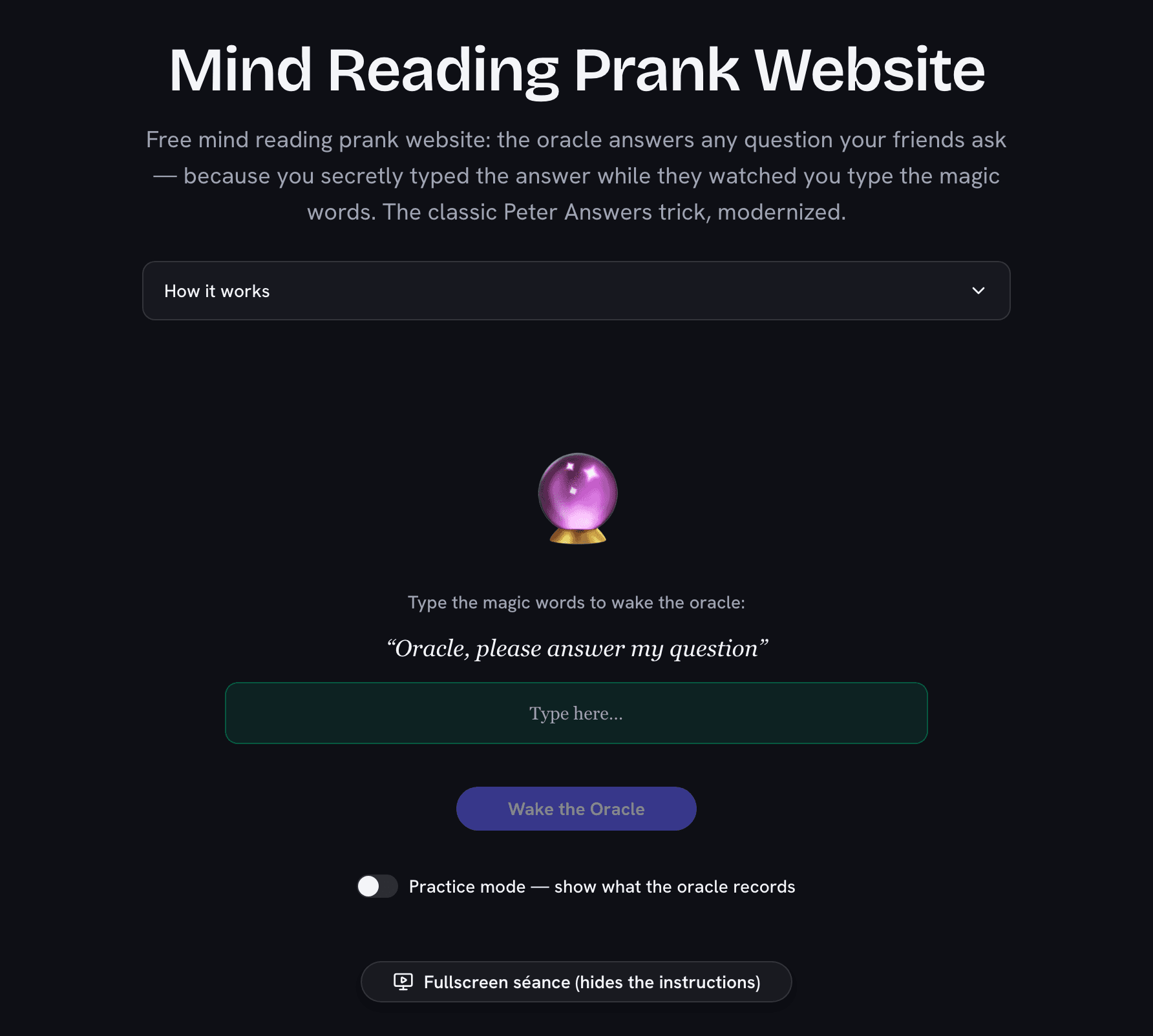Mind reading prank oracle showing the magic words input with a crystal ball
