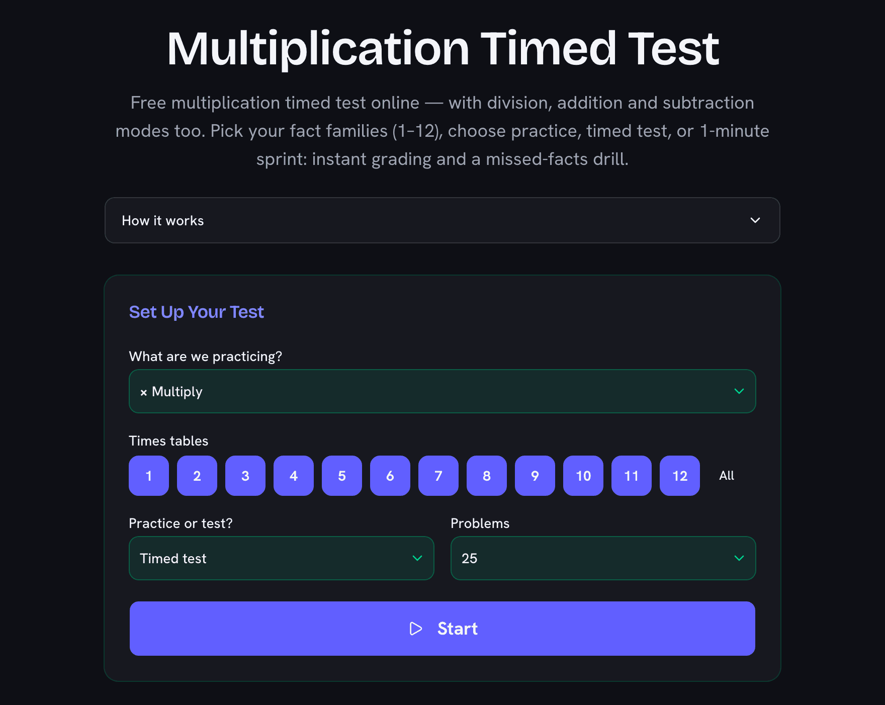 Multiplication timed test setup with times tables 1 to 12 selected and practice, timed, and sprint modes