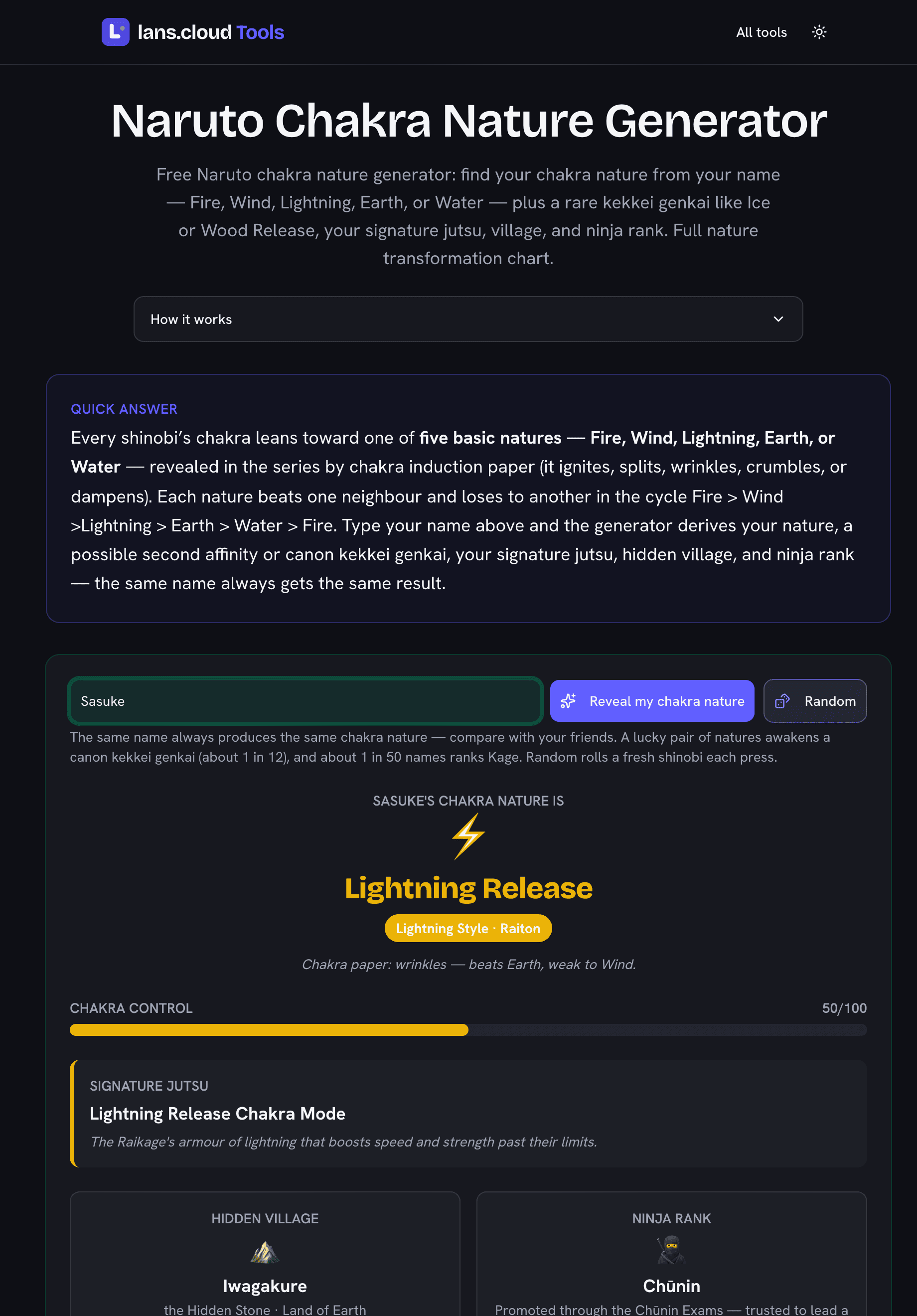 Naruto chakra nature generator result for the name Sasuke: Lightning Release (Raiton), chakra paper wrinkles — beats Earth, weak to Wind — with a chakra control meter, the signature jutsu Lightning Release Chakra Mode, the hidden village Iwagakure, and Chūnin ninja rank