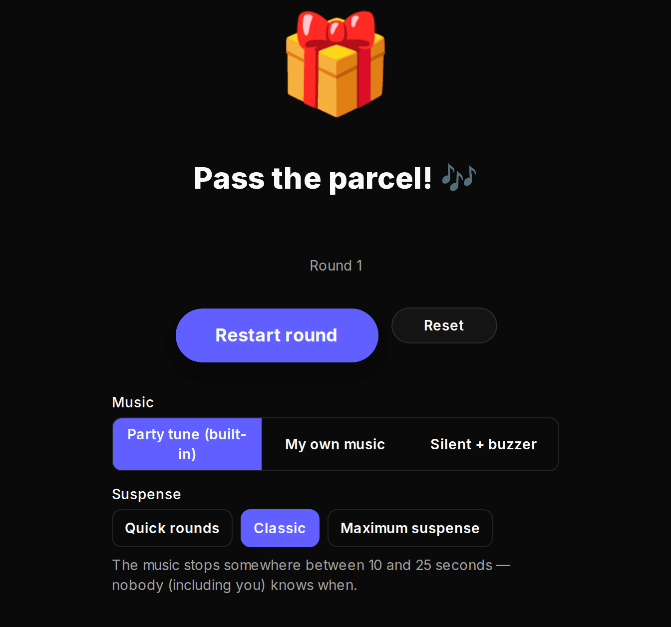 Pass the parcel timer showing the bouncing parcel with the music playing and suspense settings