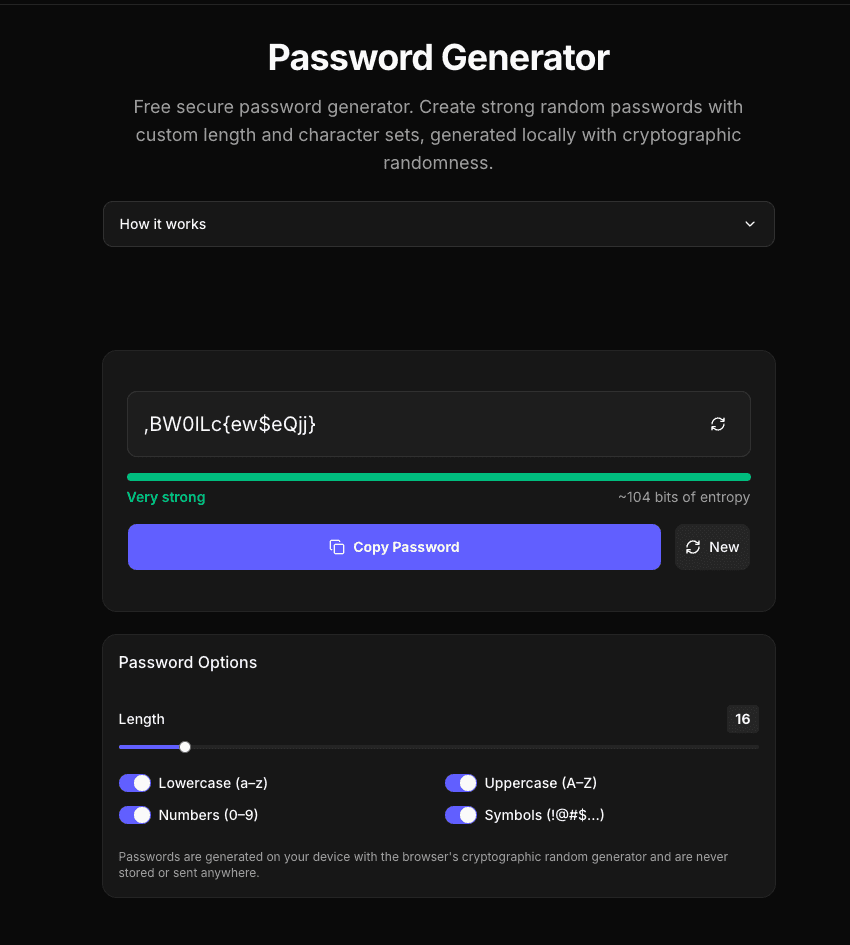Password generator showing a very strong 16-character password with 104 bits of entropy