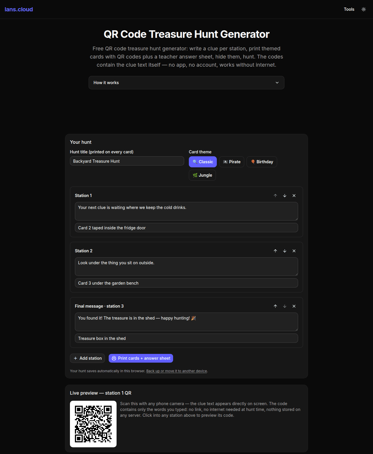 QR code treasure hunt generator showing three stations with clues, a card theme picker, and a live QR code preview of a clue