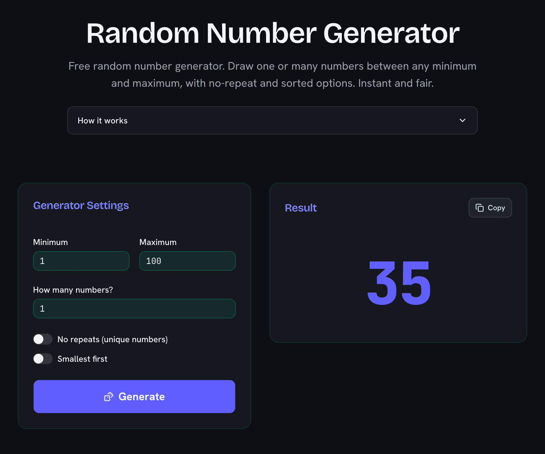 Random number generator drawing a number between 1 and 100 with no-repeat and sort options