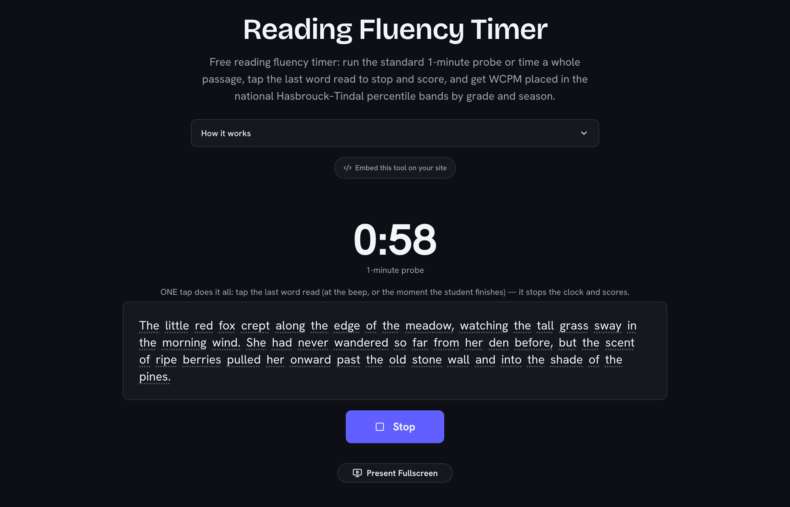 Reading fluency timer running a one-minute probe with the passage displayed and countdown visible