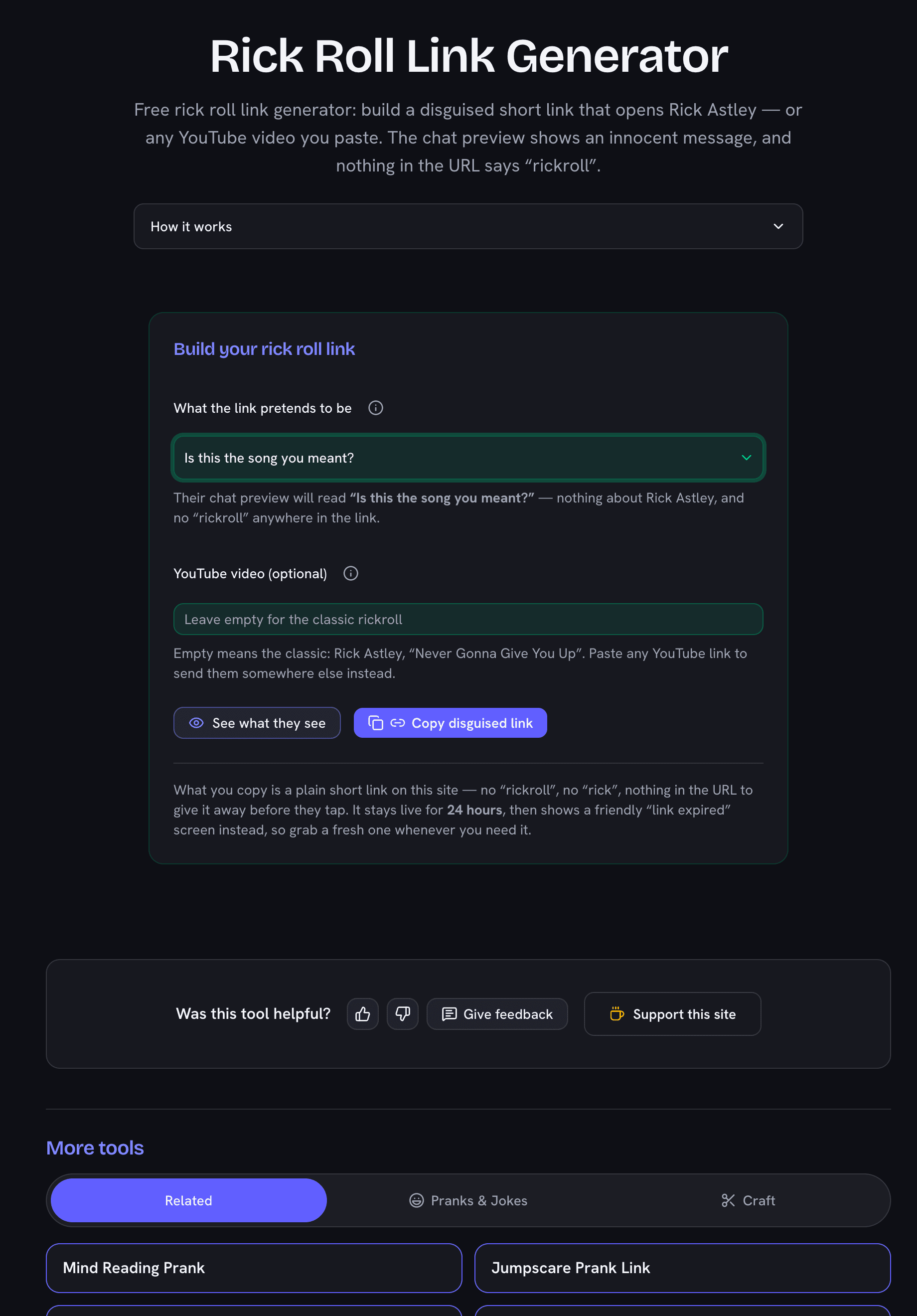 Rick roll link generator showing the disguise picker set to “Is this the song you meant?”, the optional YouTube video field, and the copy disguised link button