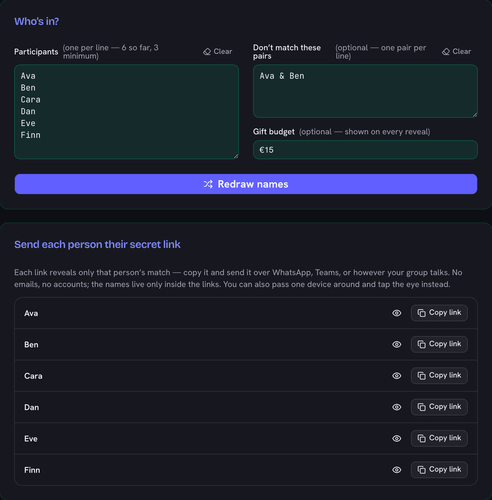 Secret santa generator after a draw: six participants each with a hidden match and a copy-link button, couple exclusion applied
