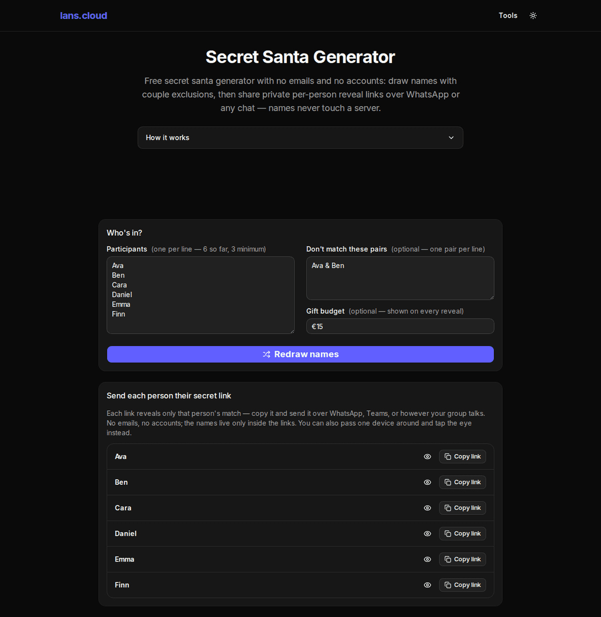 Secret santa generator after a draw: six participants each with a hidden match and a copy-link button, couple exclusion applied