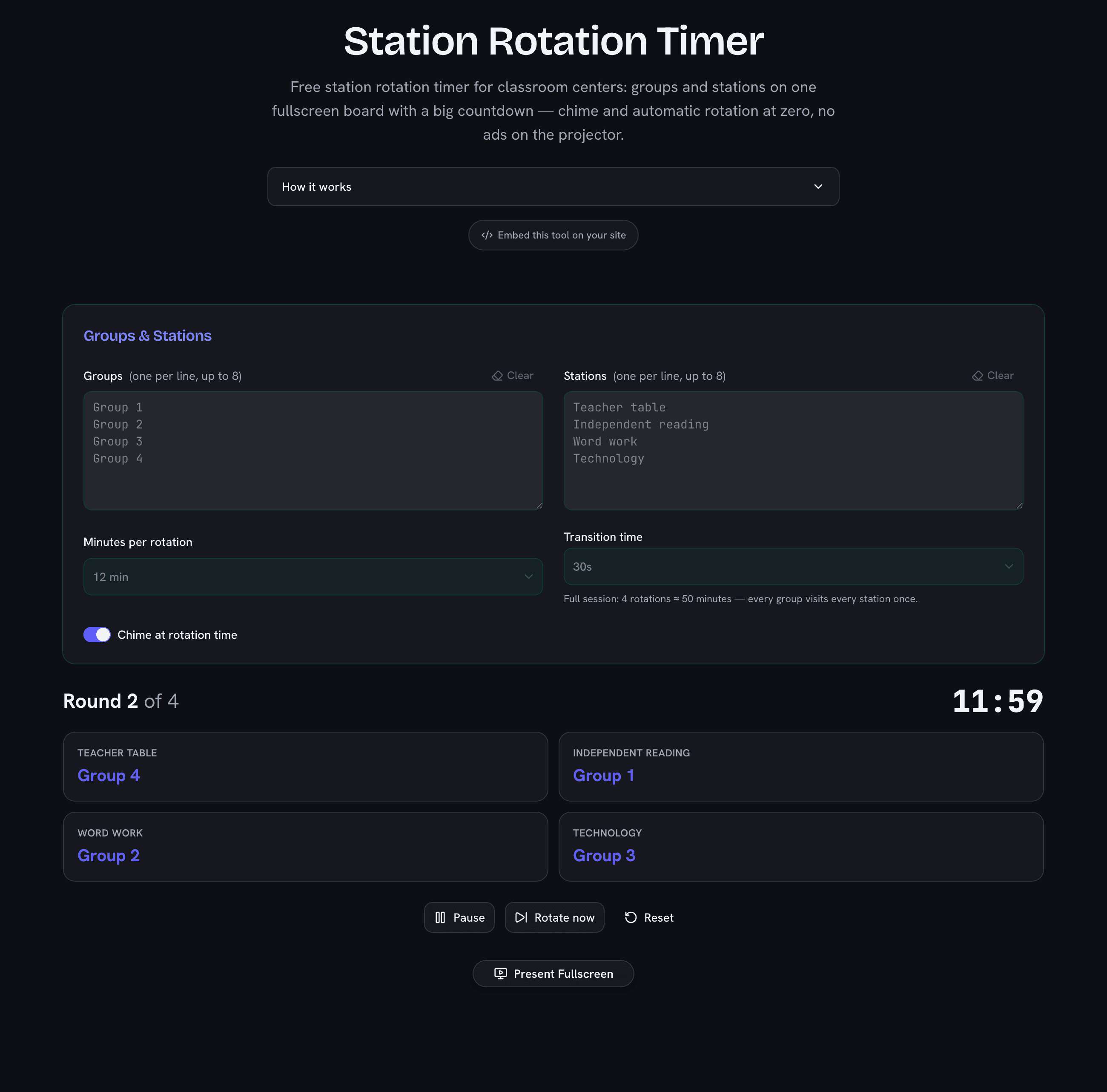 Station rotation timer mid-session: four station cards showing their current groups under a large countdown in round 2 of 4