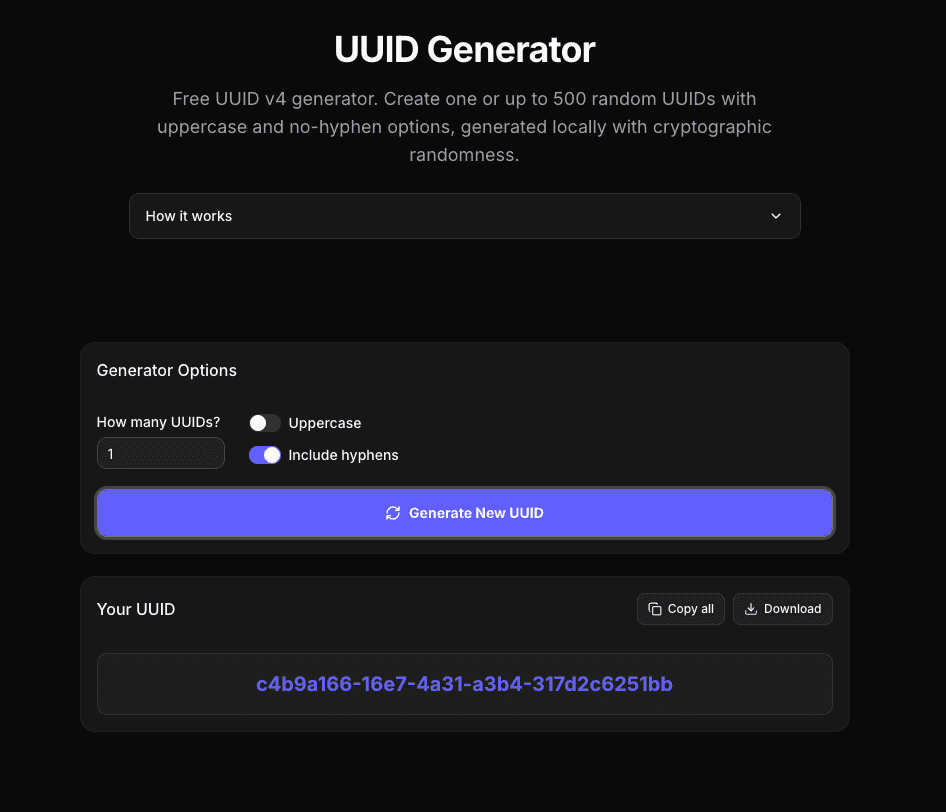 UUID v4 generator showing a freshly generated identifier with uppercase and hyphen options