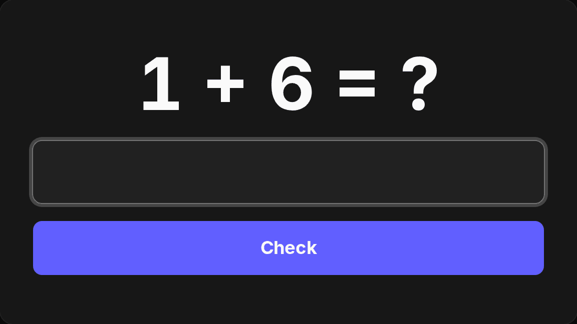 Addition timed test mid-quiz: the problem 1 + 6 in large type with the answer box and Check button