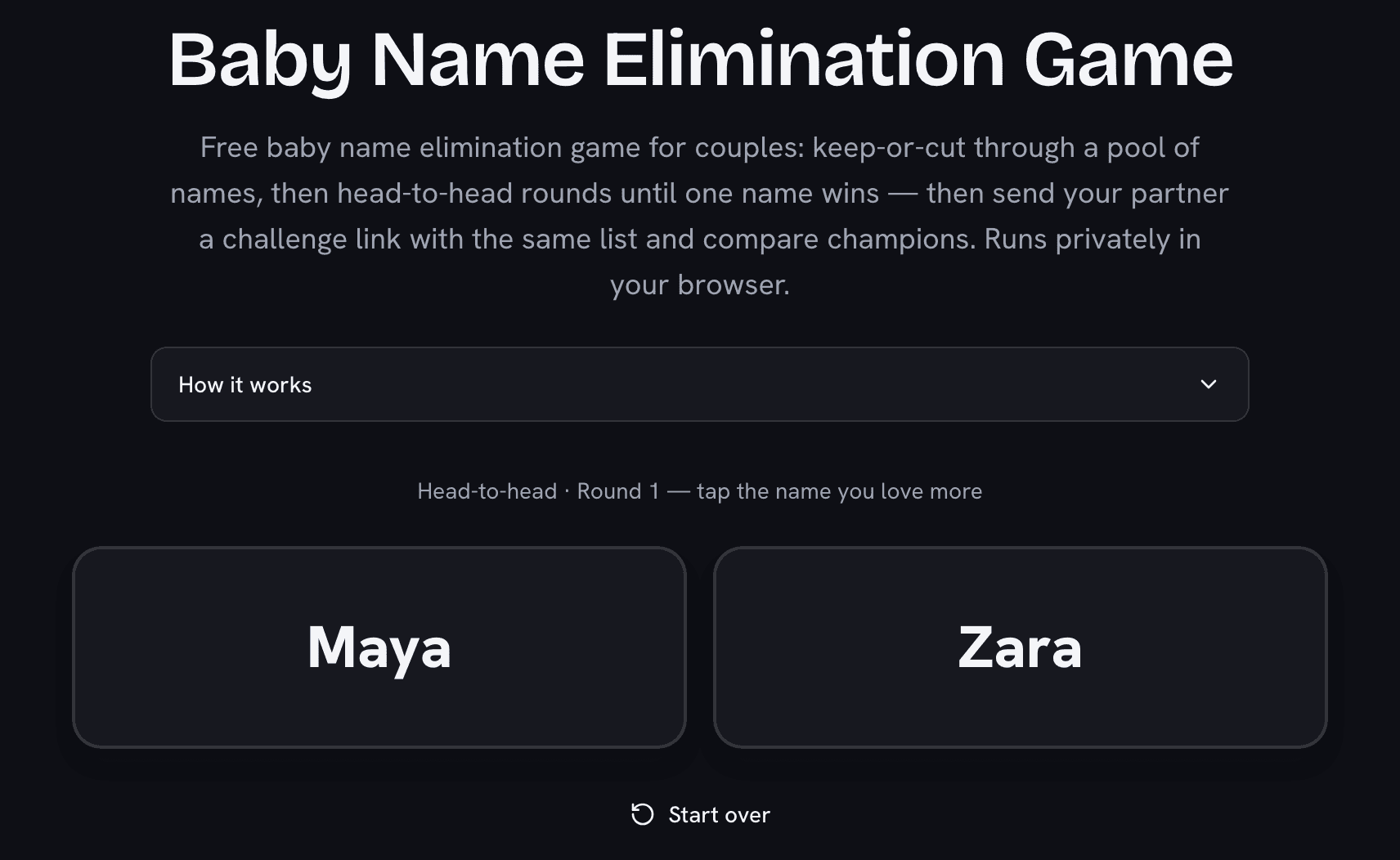 Baby name elimination game in the head-to-head round with two large name cards to choose between