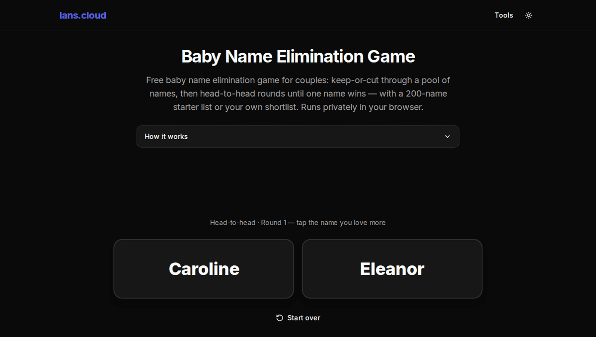 Baby name elimination game in the head-to-head round with two large name cards to choose between