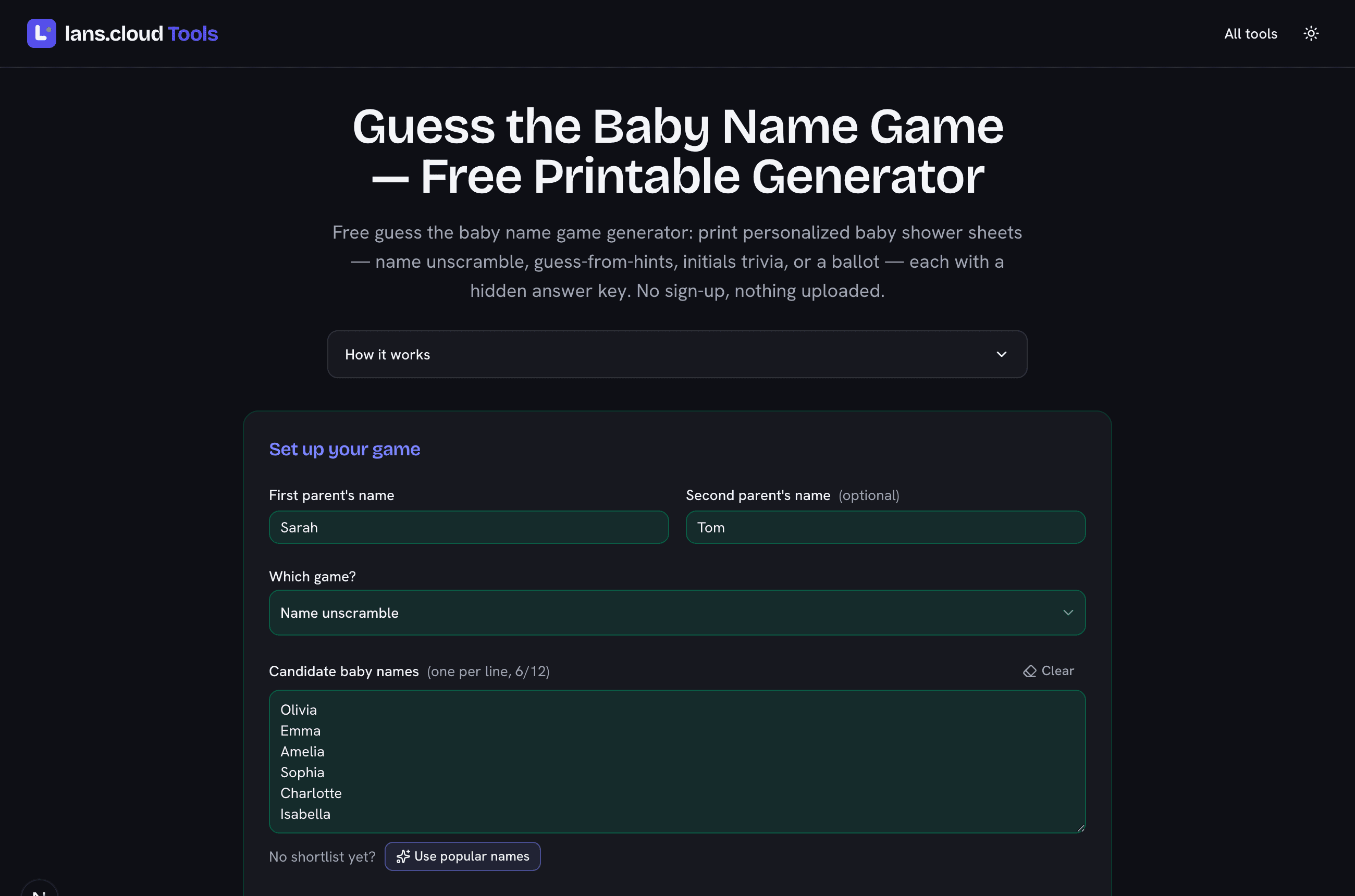 Guess the baby name game generator showing the setup card with parents' names and a candidate shortlist ready to print