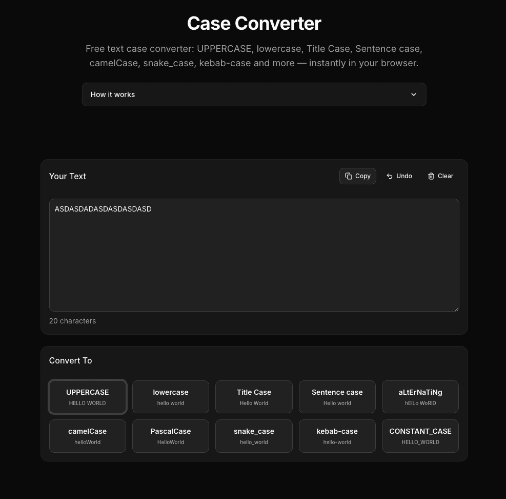 Text case converter with ten conversion styles including camelCase, snake_case, and Title Case