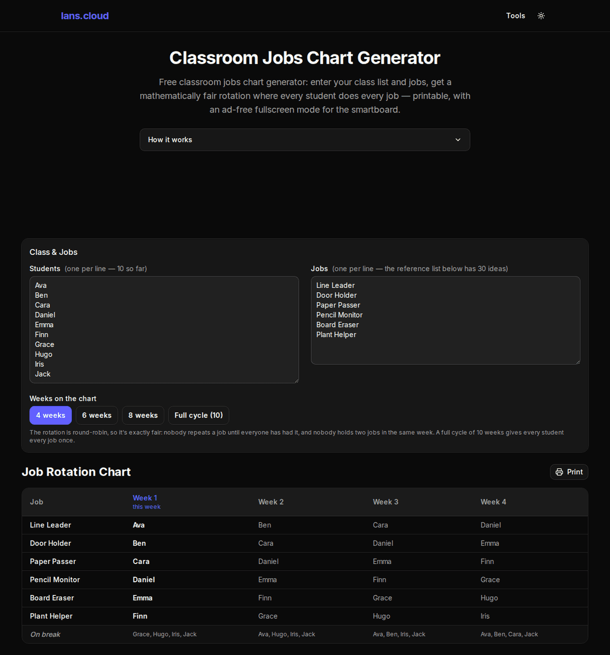 Classroom jobs chart generator showing a four-week fair rotation for six jobs across ten students