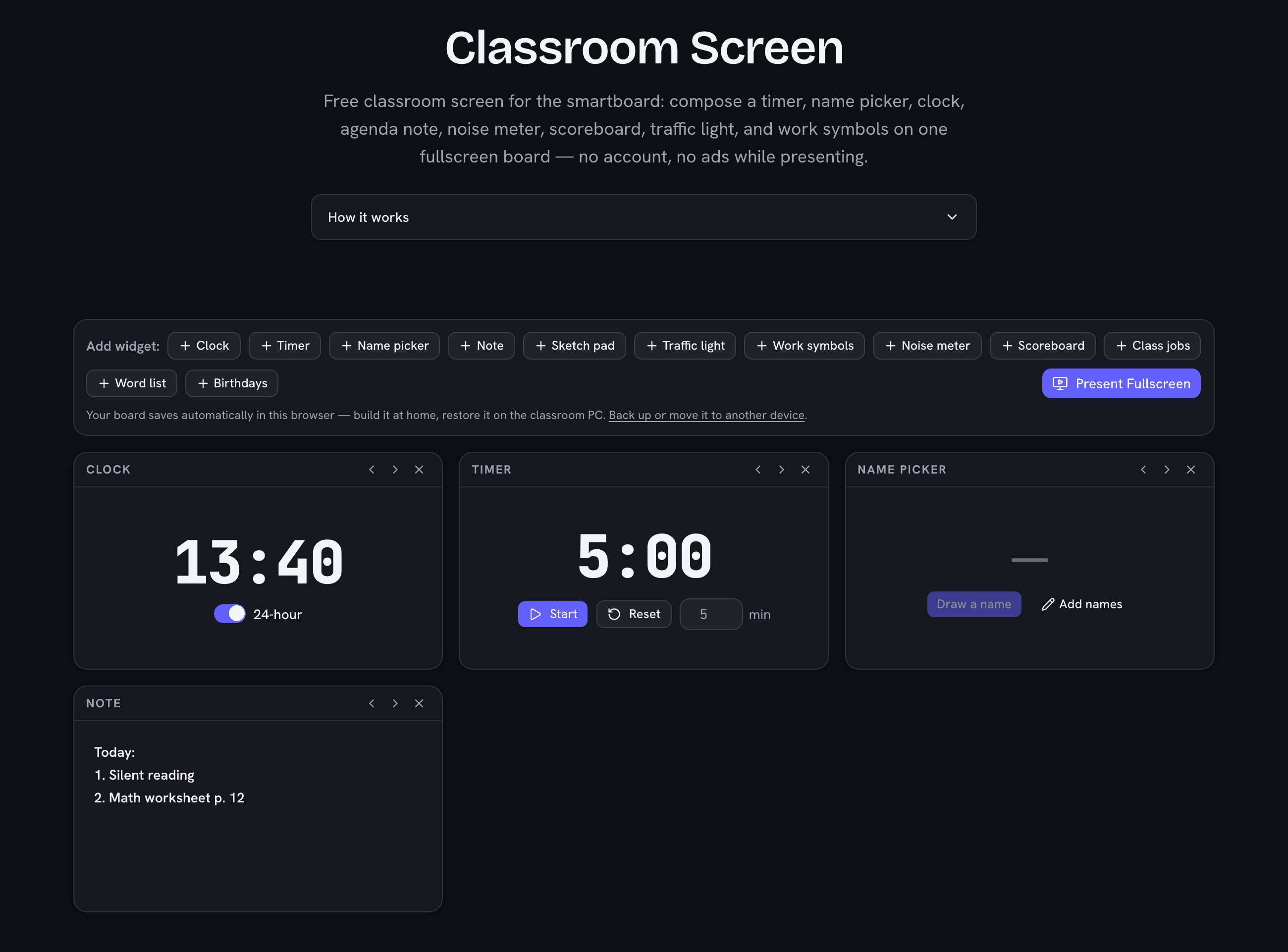 Classroom screen board with clock, timer, name picker, and note widgets on one display