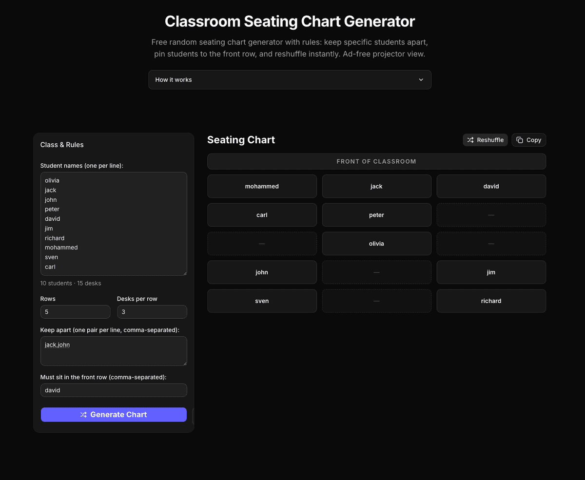 Classroom seating chart generator showing a generated desk grid with keep-apart rules and front-row placement applied