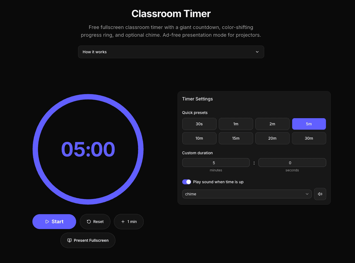 Classroom timer showing a five-minute countdown in a progress ring with presets and sound options