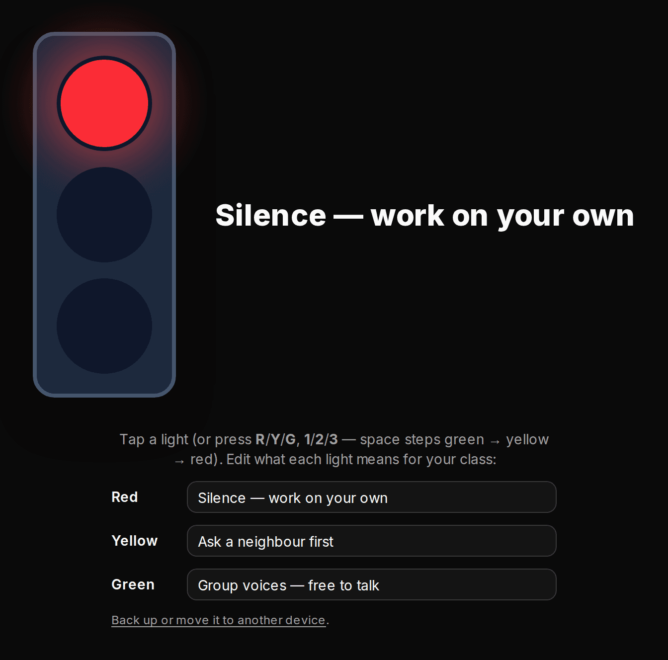 Online classroom traffic light showing the red light on with the meaning 'Silence — work on your own' in large text