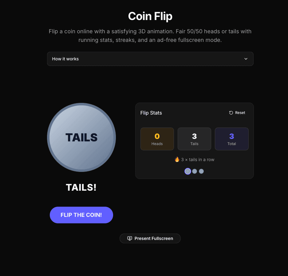 Online coin flip showing tails with running heads, tails, and total statistics and a streak
