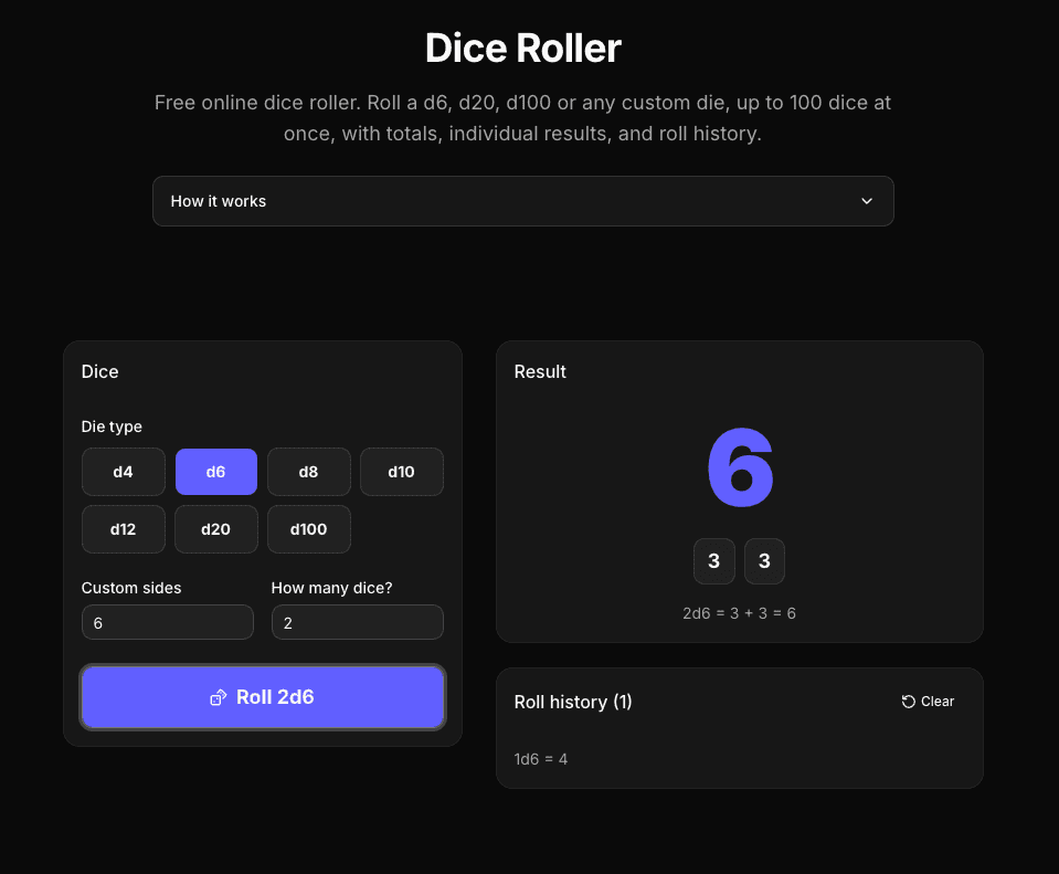 Online dice roller showing a 2d6 roll totalling 6 with individual dice and roll history