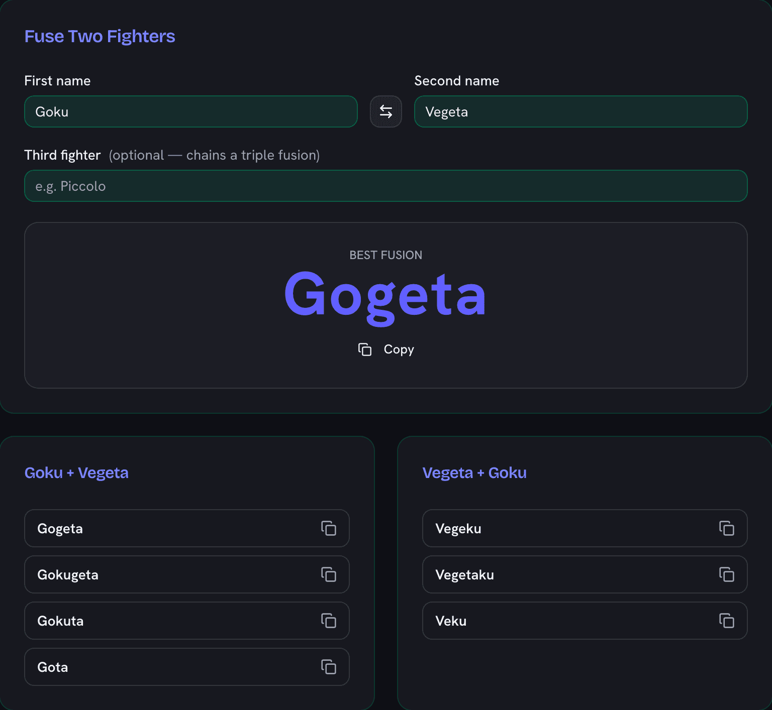 Dragon Ball fusion name generator deriving Gogeta from Goku and Vegeta with syllable breakdown