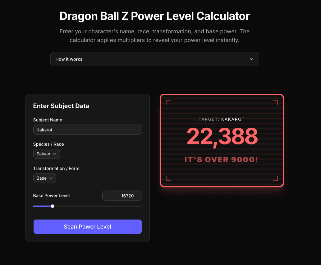 Dragon Ball Z power level calculator scanning Kakarot with a scouter-style readout over 9000