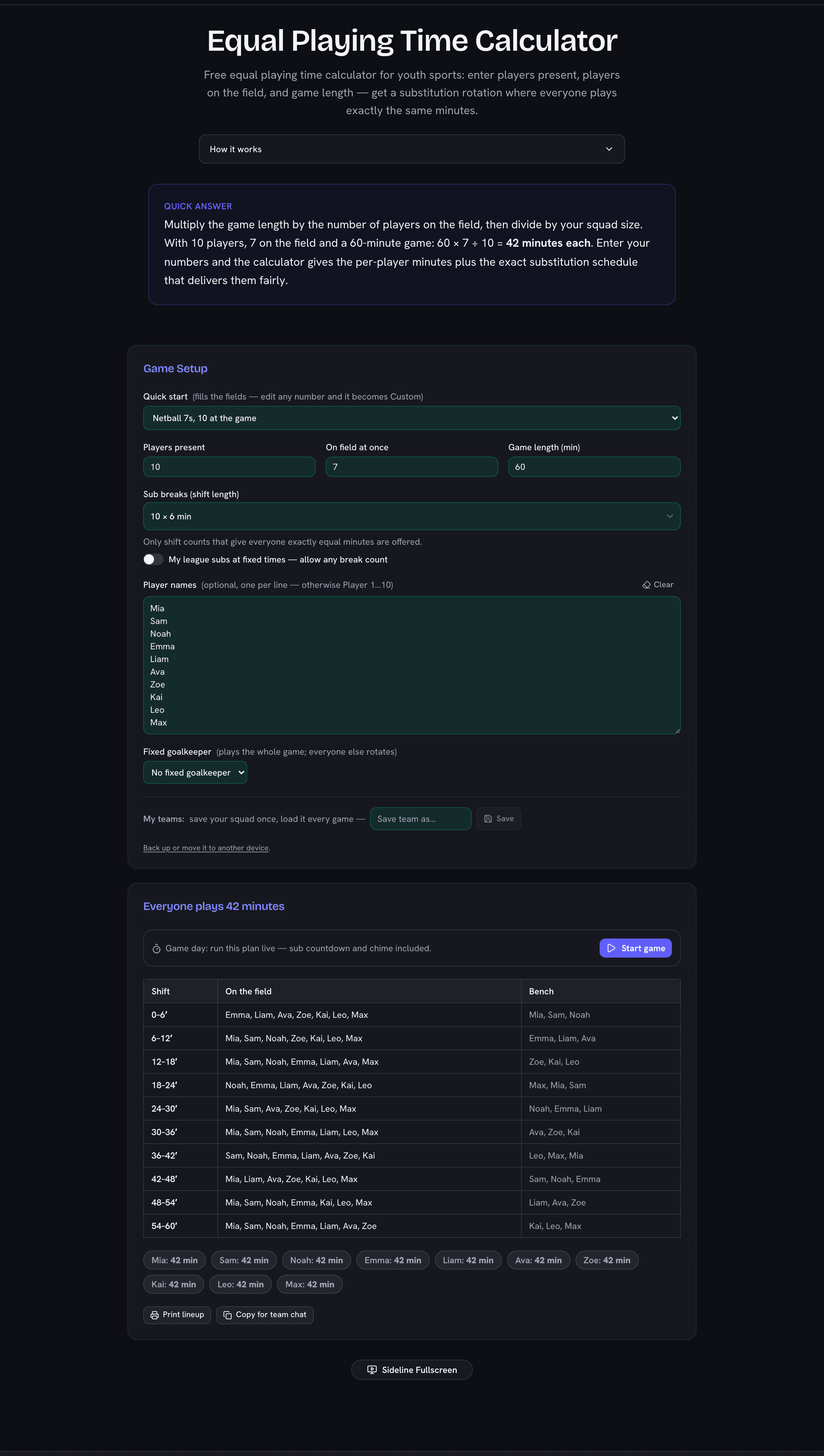 Equal playing time calculator showing a fair substitution rotation table with player names and shifts