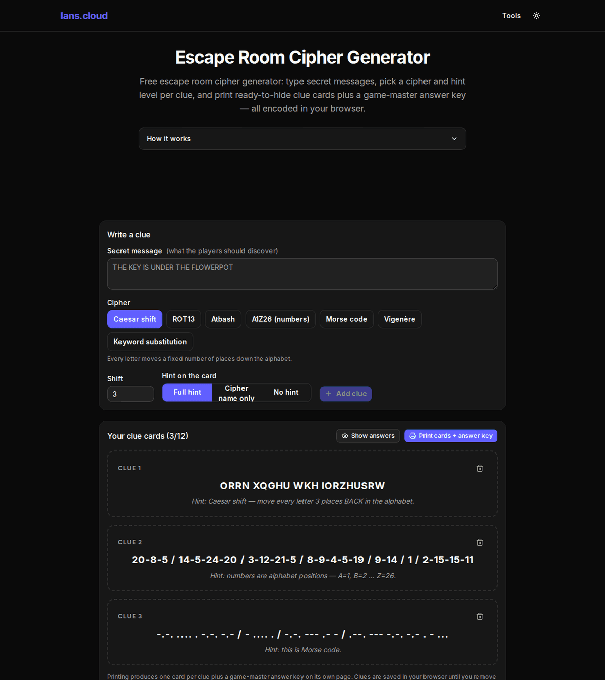 Escape room cipher generator with three clue cards in Caesar, number, and Morse codes, each with its hint line