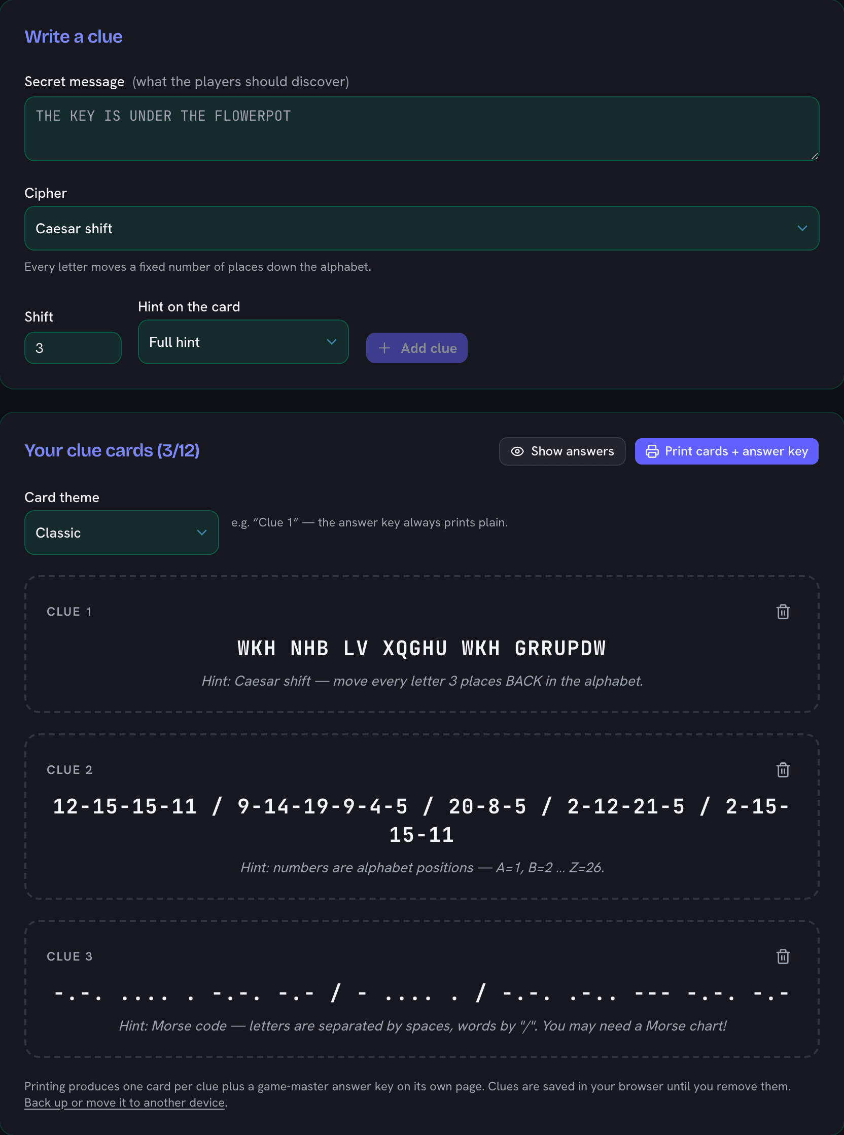 Escape room cipher generator with three clue cards in Caesar, number, and Morse codes, each with its hint line