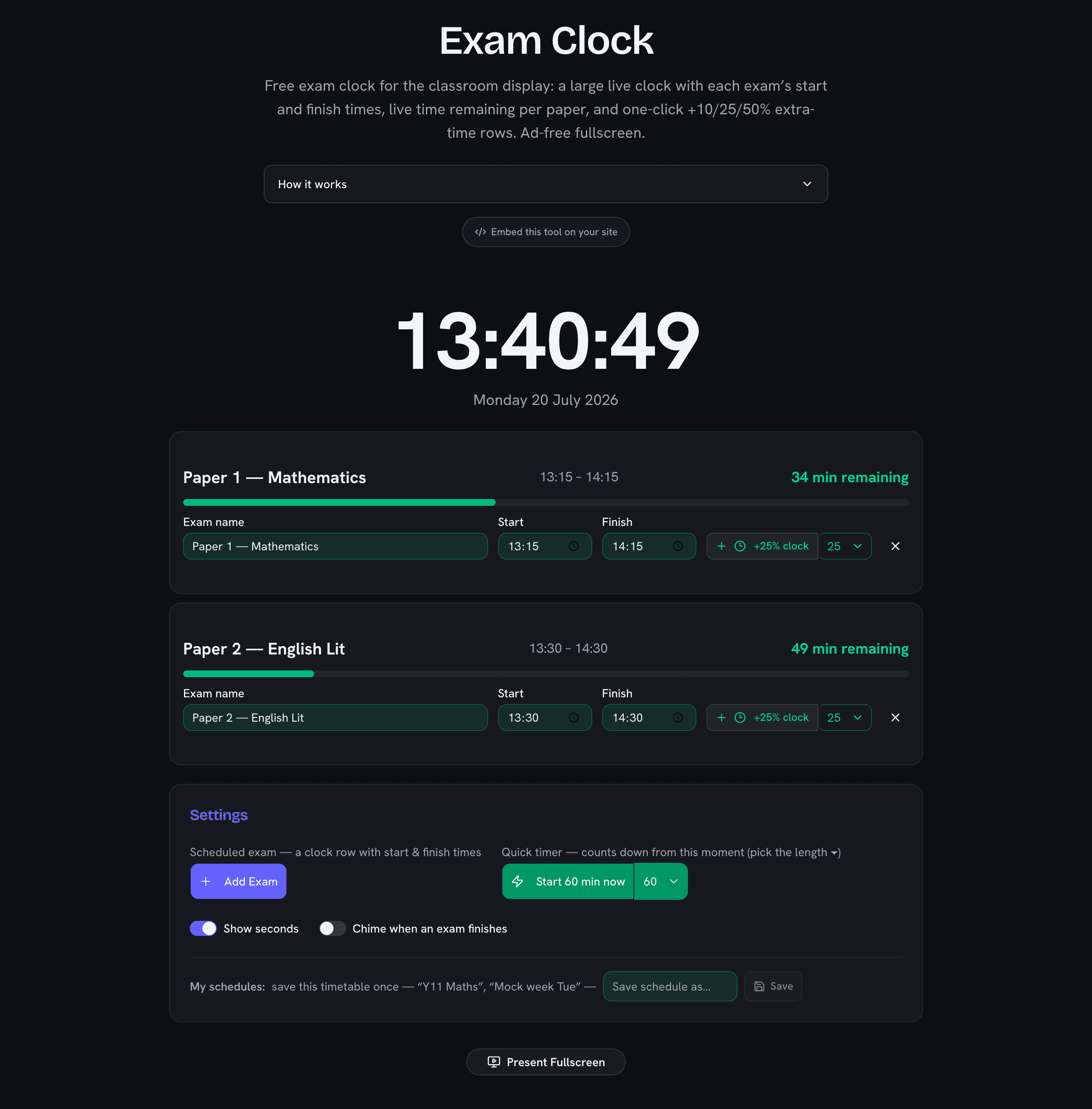 Exam clock showing a large live clock above two exams with time remaining, progress bars, and the quick-start and extra-time buttons