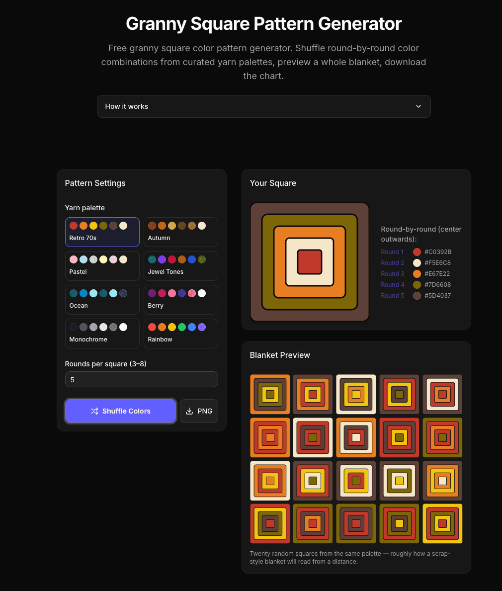 Granny square pattern generator showing a five-round square in a retro 70s palette with round-by-round hex codes and a twenty-square blanket preview