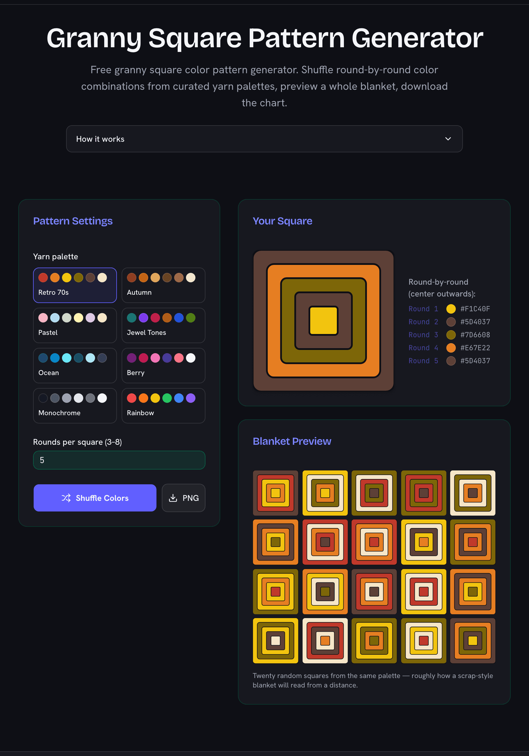 Granny square pattern generator showing a five-round square in a retro 70s palette with round-by-round hex codes and a twenty-square blanket preview