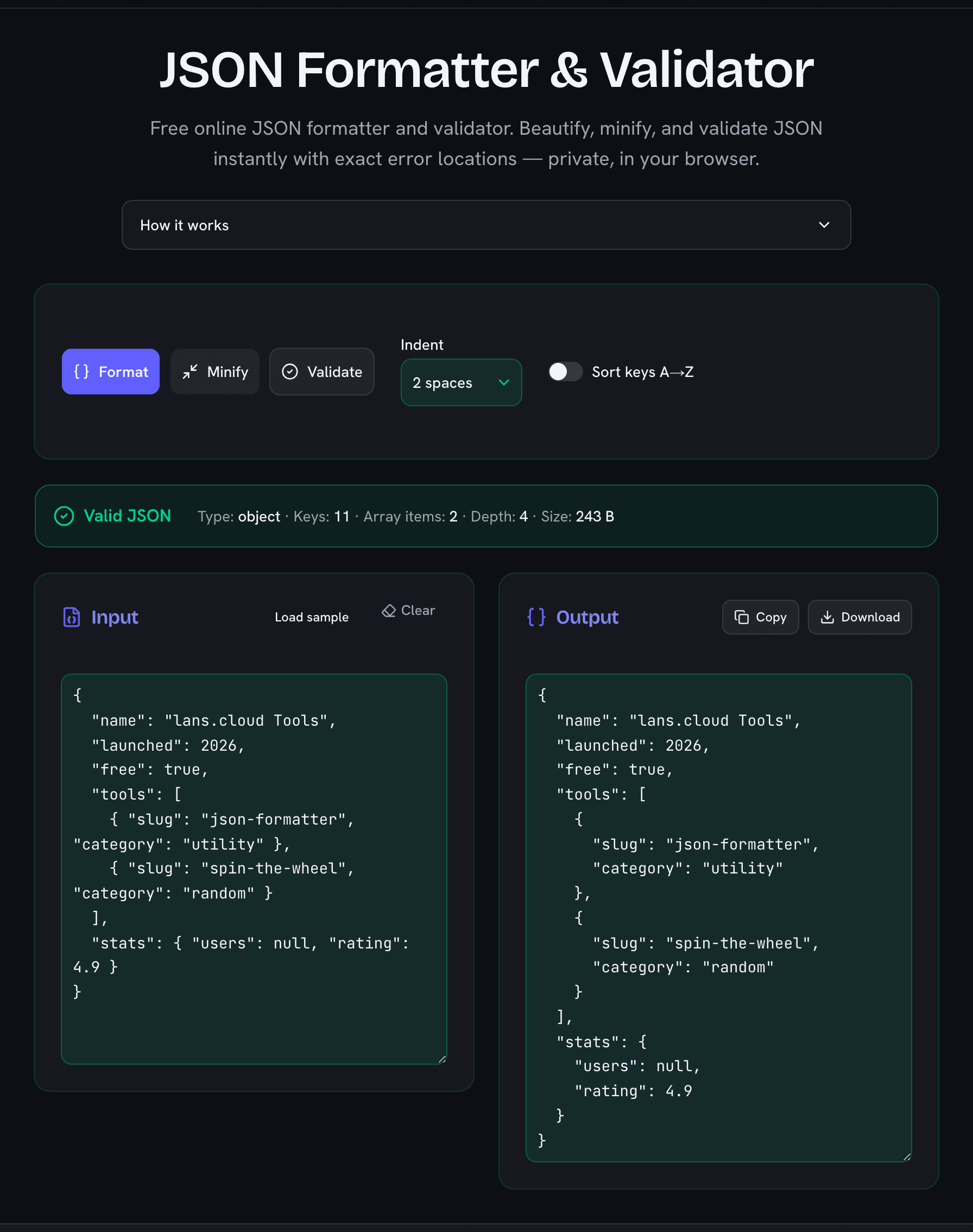 JSON formatter validating and pretty-printing a document with type, key, and depth statistics