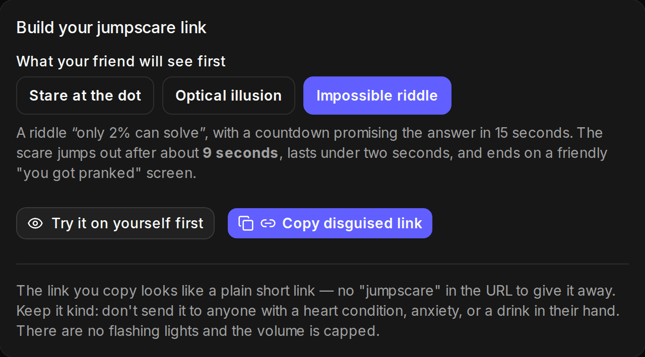 Jumpscare prank link builder showing the three pretext options and the copy disguised link button