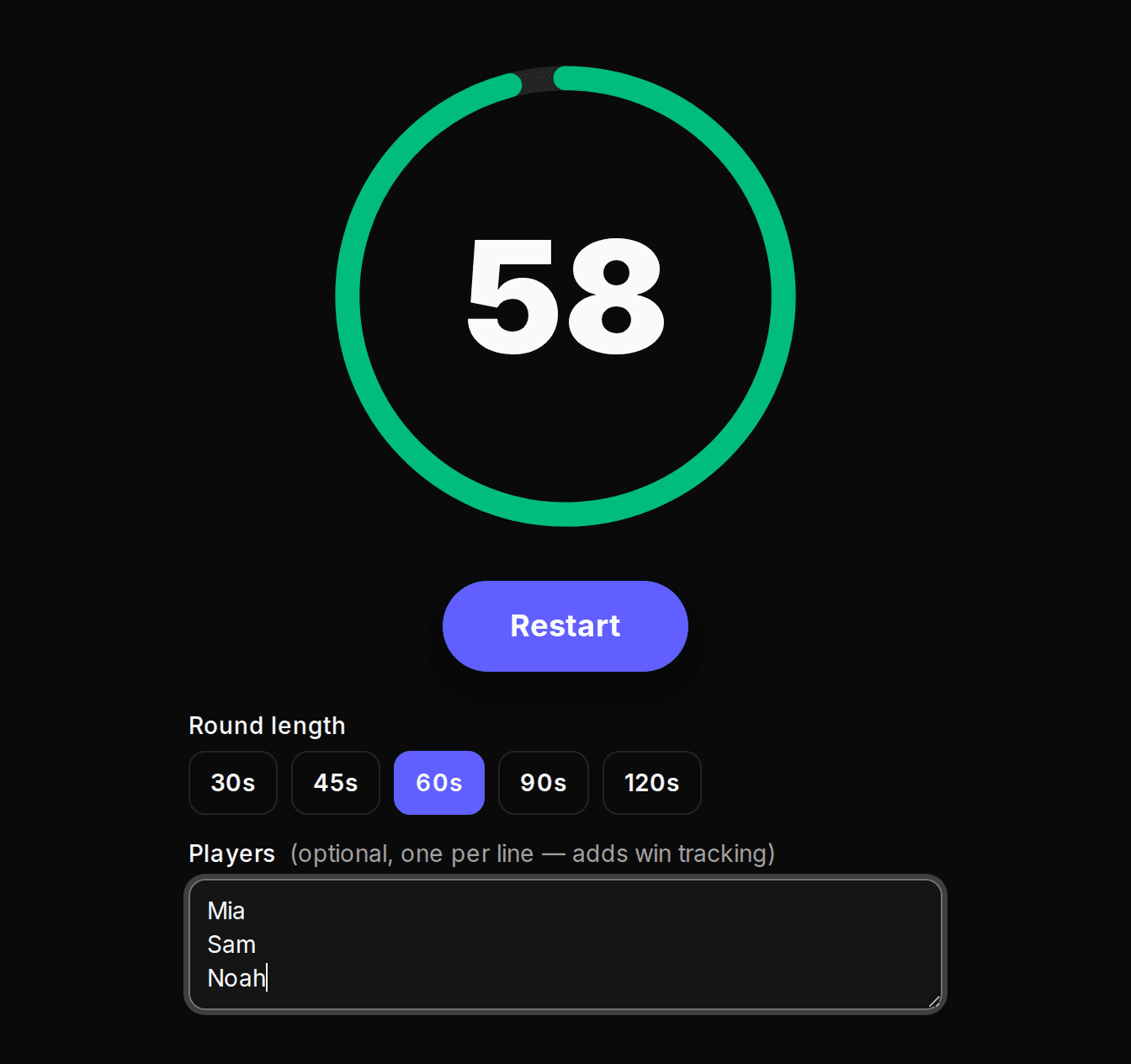 Minute to win it timer showing the countdown ring mid-game with player chips and the standings table