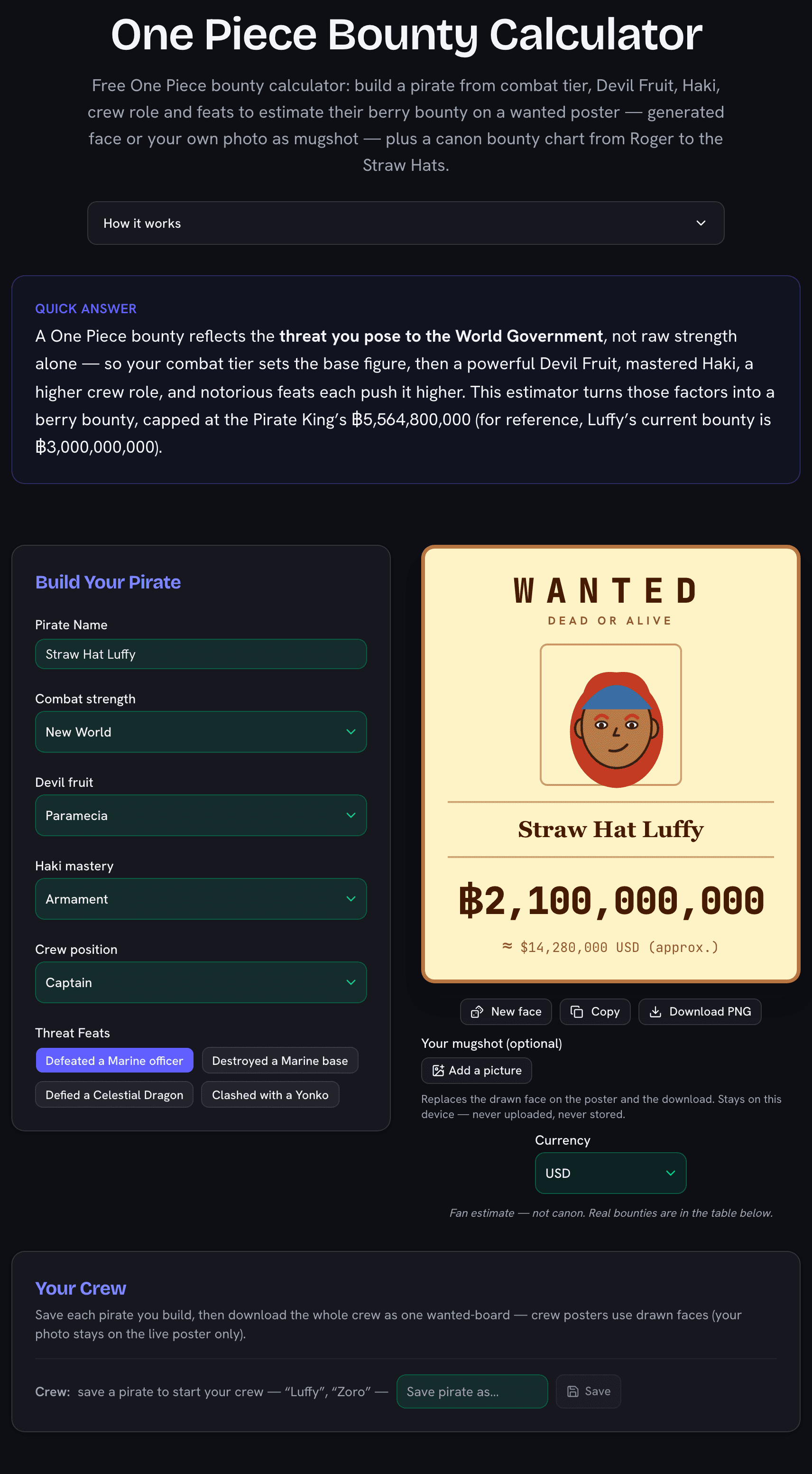 One Piece bounty calculator showing a New World pirate build and a WANTED poster with an estimated berry bounty
