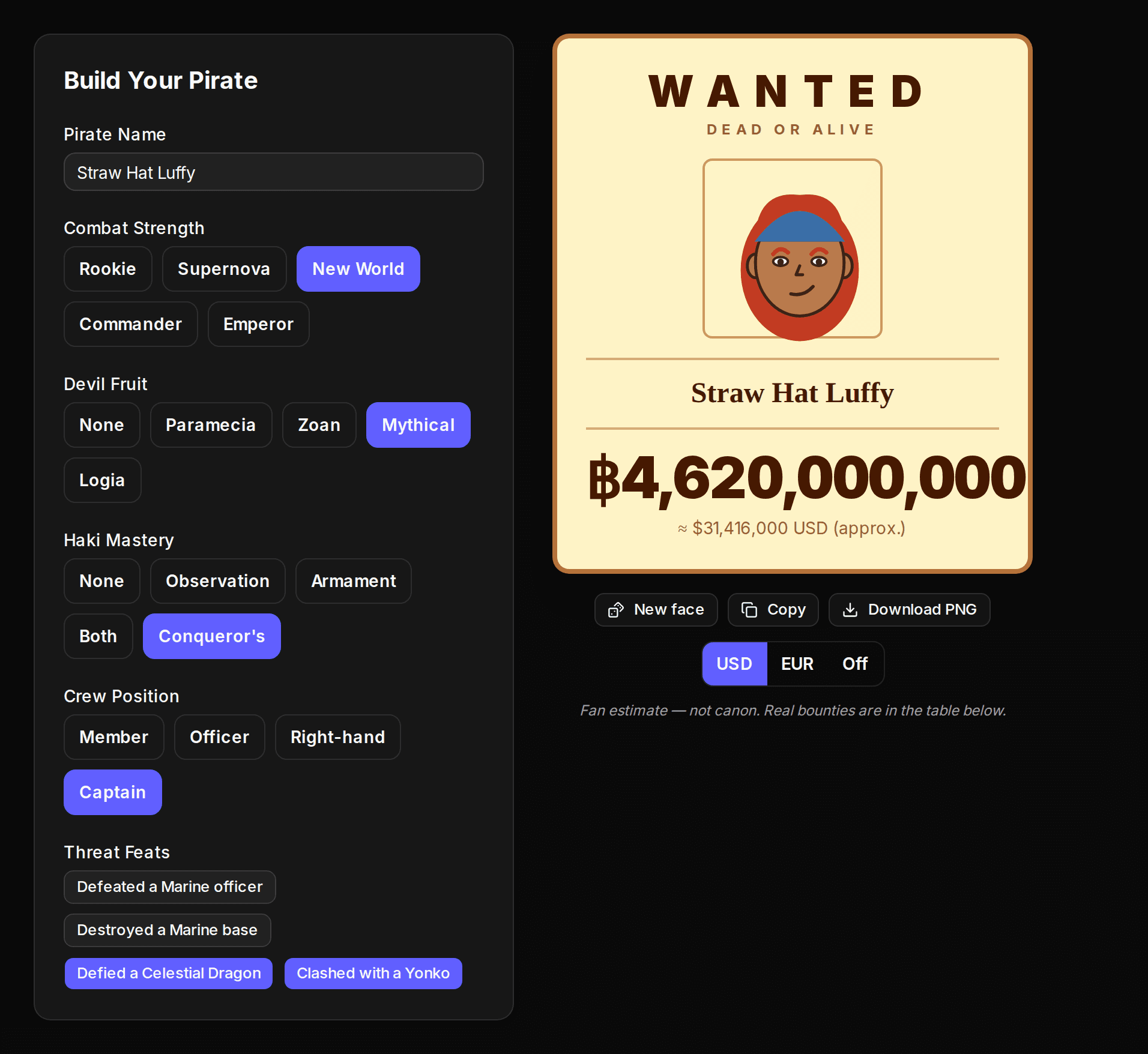 One Piece bounty calculator showing a New World pirate build and a WANTED poster with an estimated berry bounty