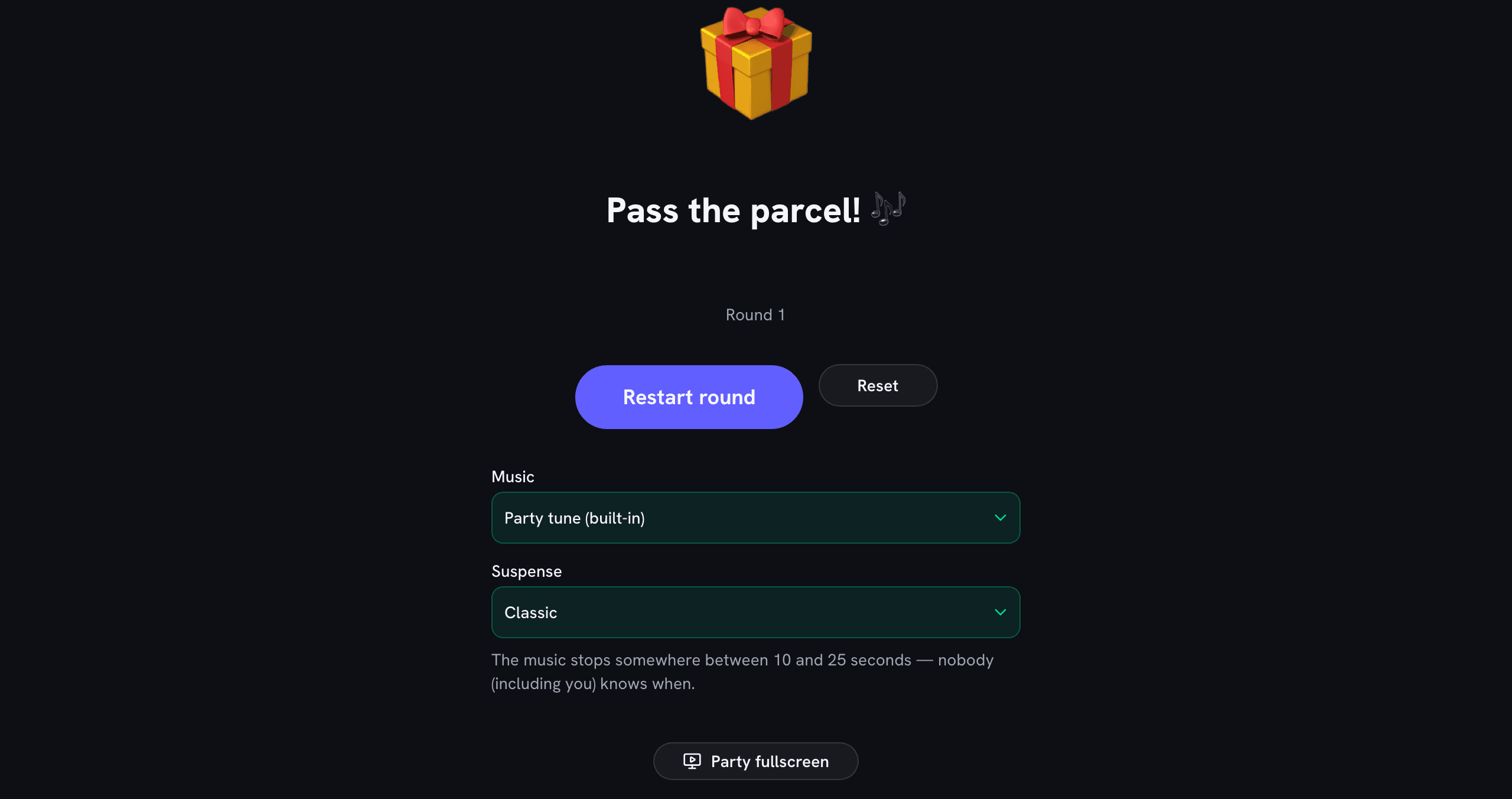 Pass the parcel timer showing the bouncing parcel with the music playing and suspense settings
