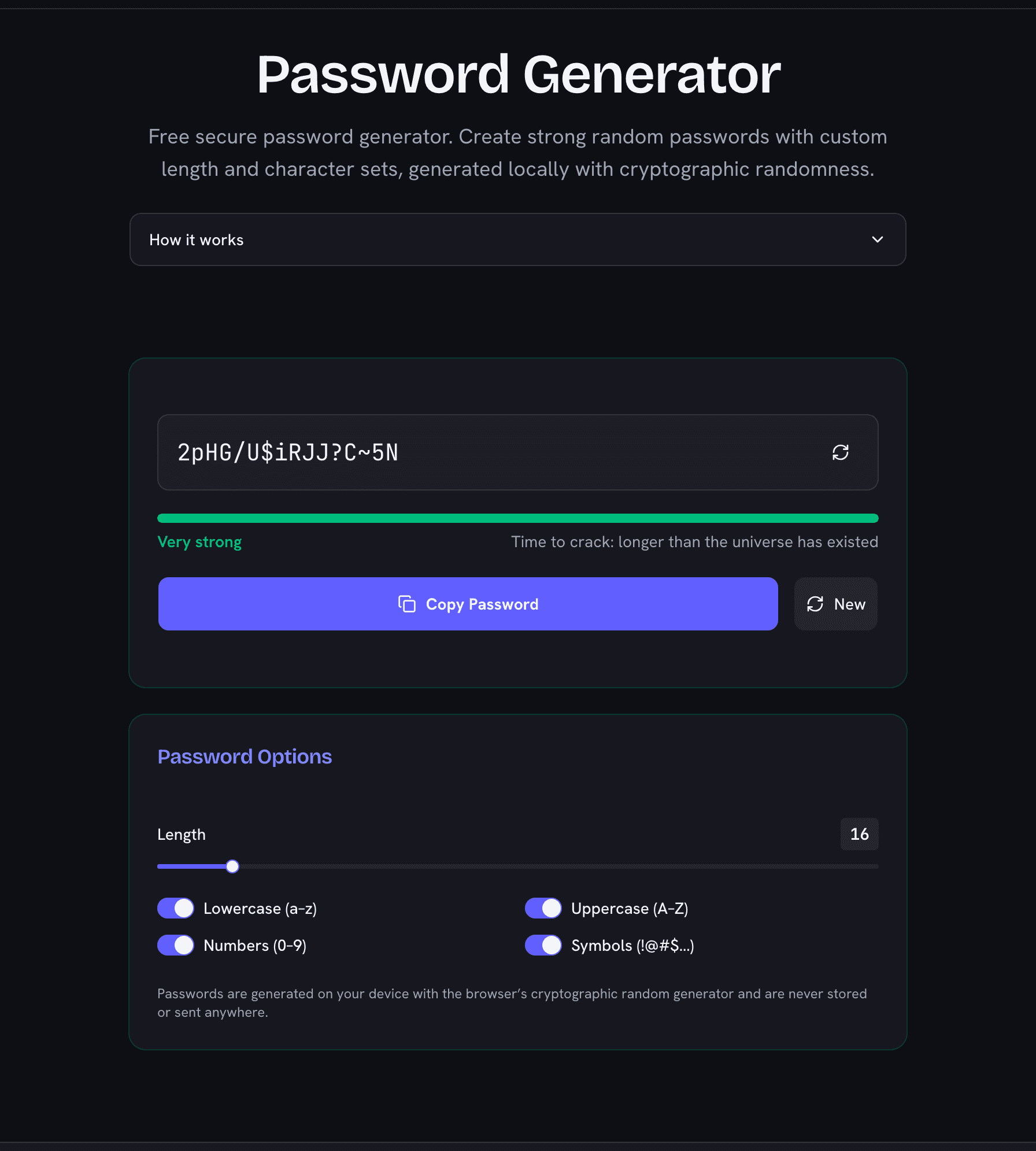 Password generator showing a very strong 16-character password that would take longer than the age of the universe to crack