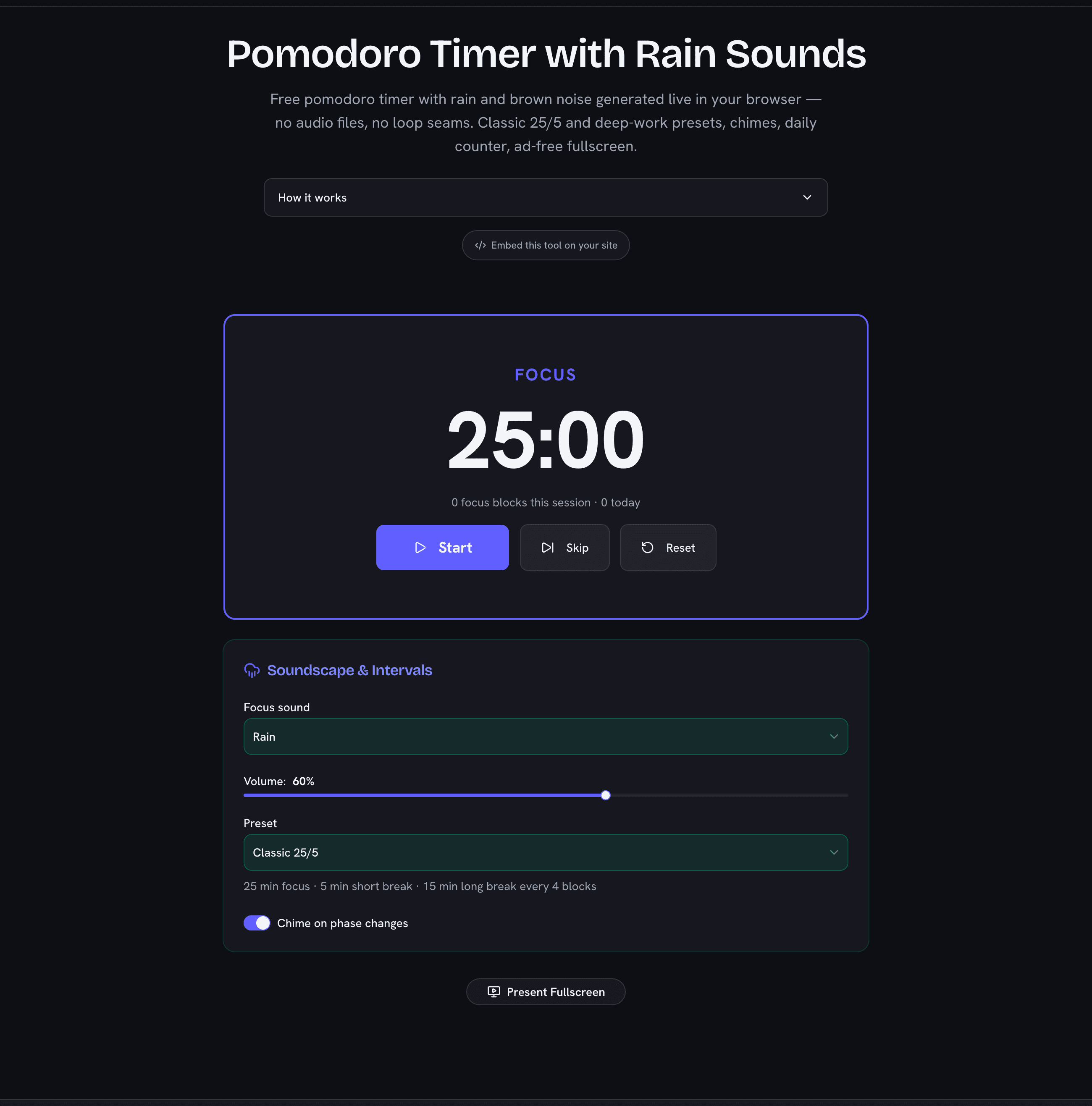Pomodoro timer with rain sounds showing a 25-minute focus block with soundscape and preset options