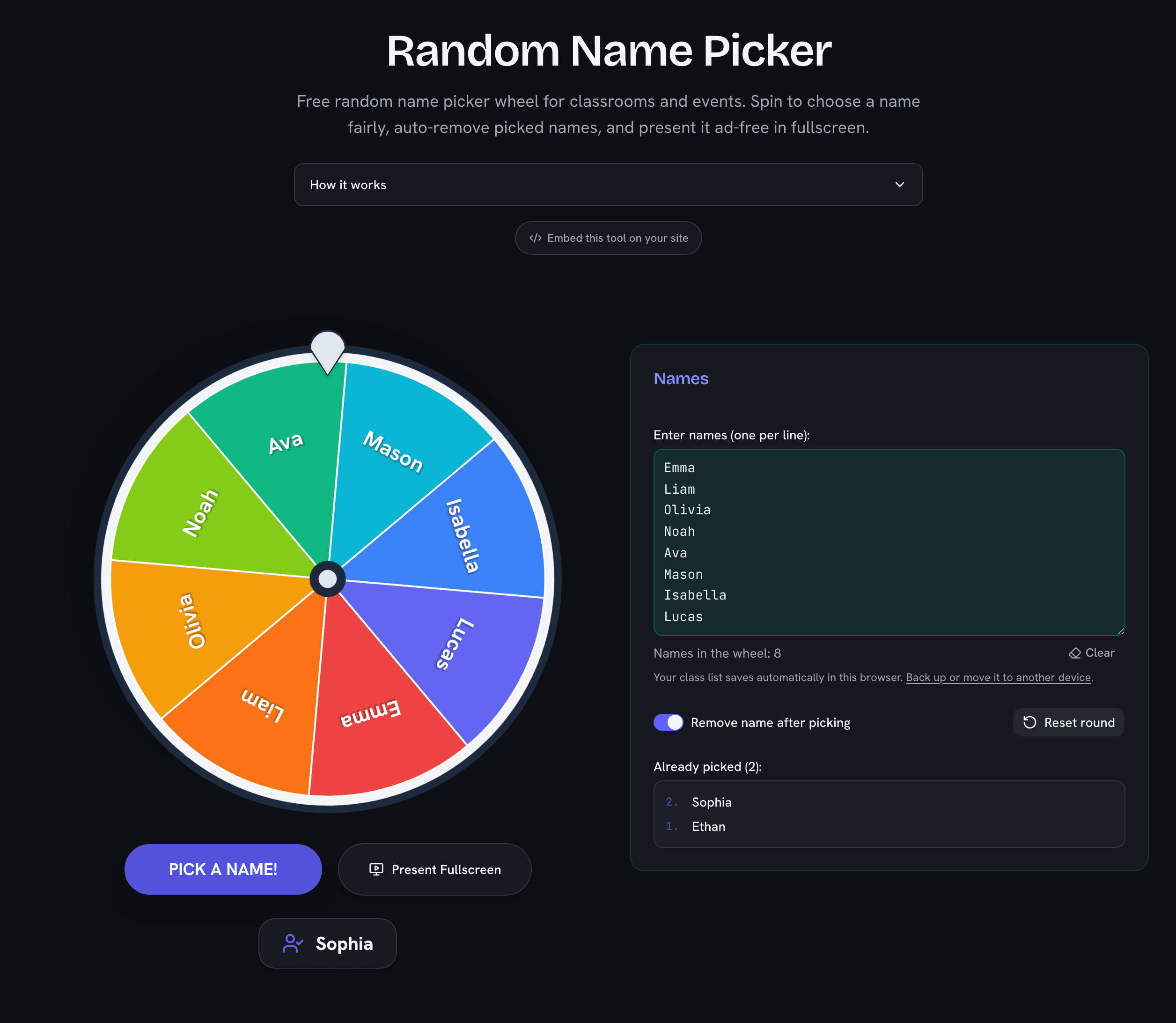 Random name picker wheel with a class list, remove-after-picking enabled, and an already-picked list